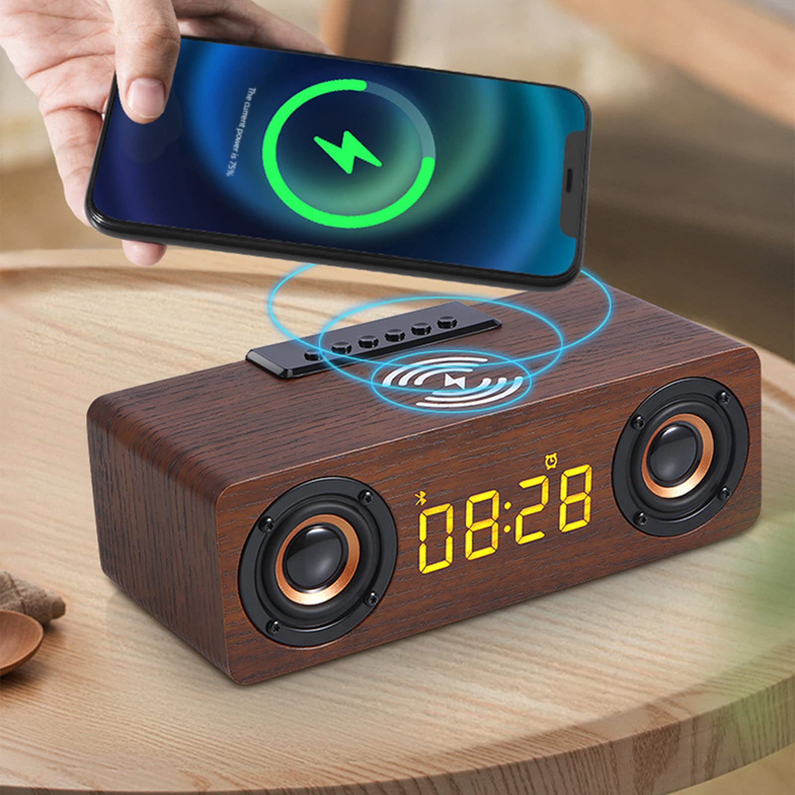 Fiudx 10W Fast Wireless Charger with Digital Alarm Clock, Bluetooth Speaker, FM Radio - 5-in-1 Multi-Function Bedside Clock for iPhone & Android (Bedroom, Office, Living Room) | Perfect for Nightstand Charging, Home Decor & Gift Giving