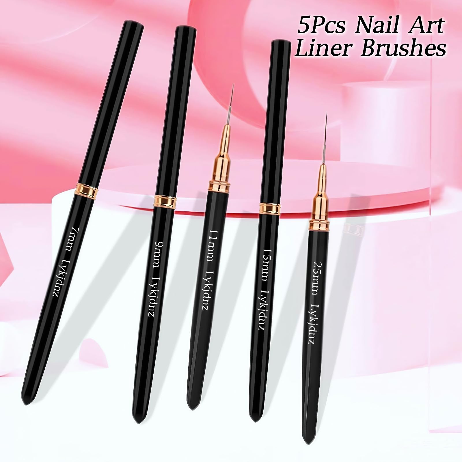 5-Piece Nail Art Liner Brush Set for Gel Polish - Ultra Thin Professional Nail Design Brushes (7/9/11/15/25mm) + 3 Clean Up Brushes for Cuticle Polish Correction - Perfect for DIY Manicure, Salon Nail Art & Gel Extension Application