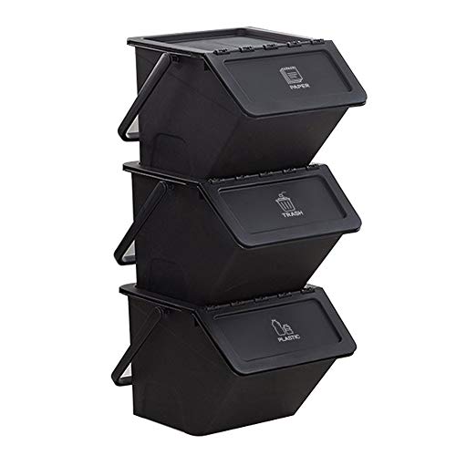 Modern Stackable Recycling Bin Organizer with Lid & Handle - 3-Pack Black Trash Bins for Home, Office & Garage - Includes Recycle Stickers & Labels for Easy Sorting - Perfect for Toys, Tools & Daily Waste Management