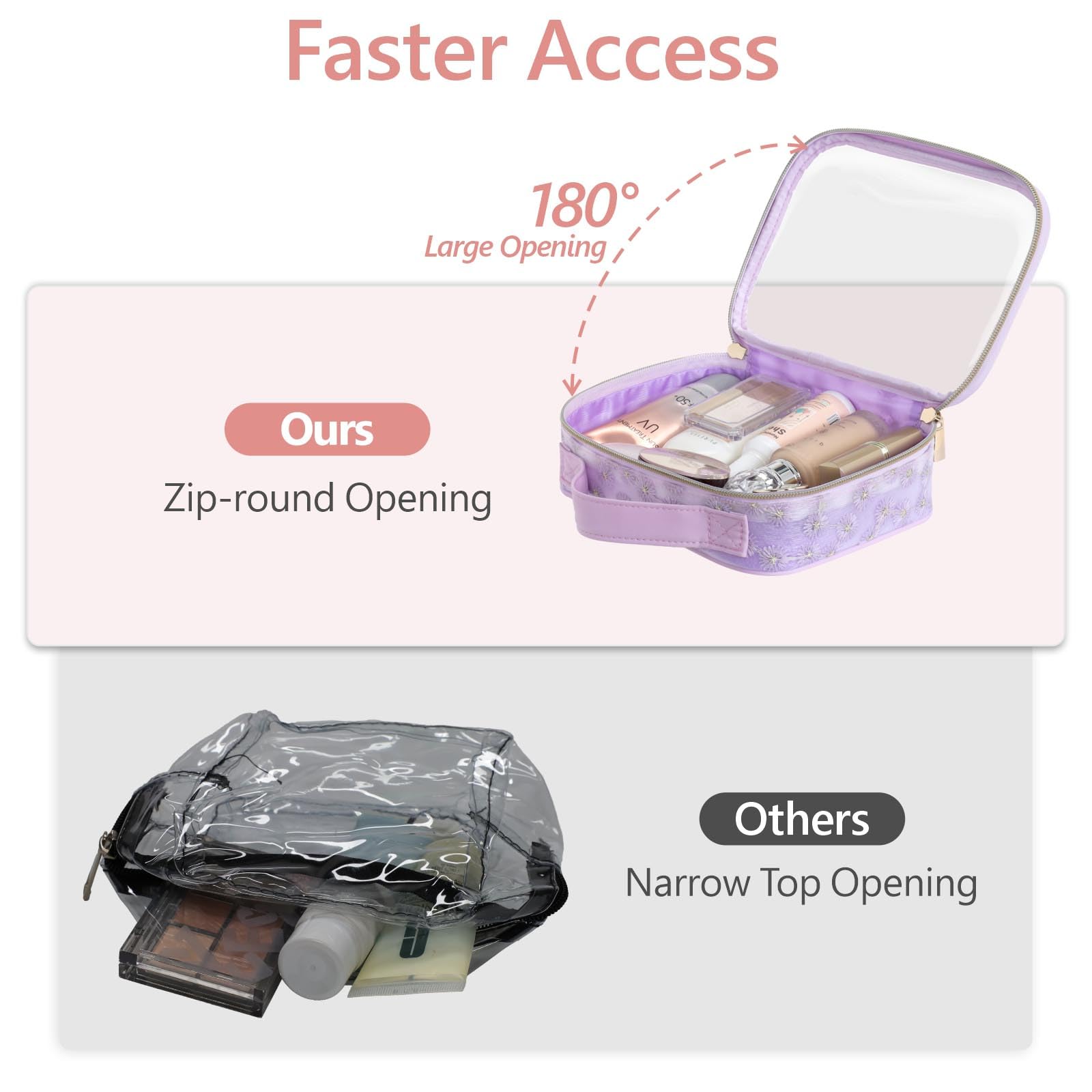 PACKISM Floral Print TSA Approved Clear Toiletry Bag - 180° Wide Opening Travel Makeup Organizer with Handle, 0.5mm Thick PVC for Liquids & Cosmetics | Perfect for Air Travel, Cruise Vacations & Gym Essentials (Purple)