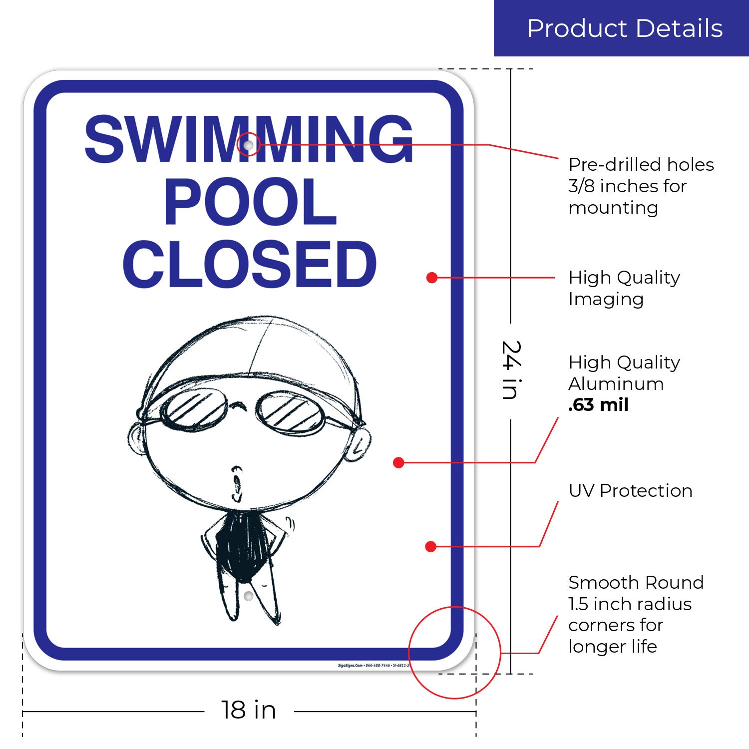 Pool Closed Sign - 18x24 Inches Rust-Free .063 Aluminum No Swimming Sign, Fade Resistant for Indoor/Outdoor Use - Ideal for Public Pools, Hotels, Water Parks & Community Centers, Made in USA
