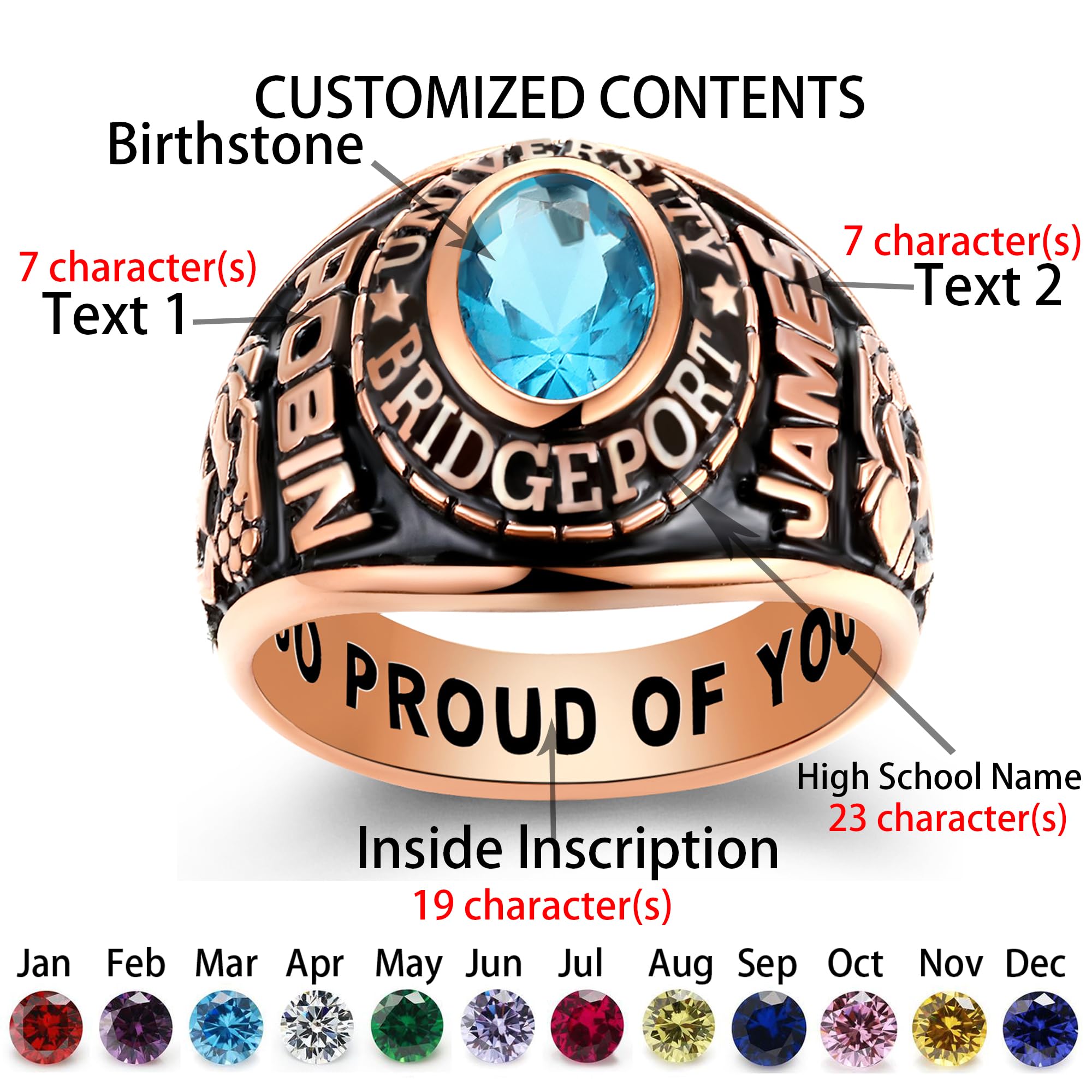 Custom Personalized Class Rings for Men & Women - 10KT Gold, Sterling Silver, Birthstone Options - High School Graduation Rings Size 5-15 - Perfect for Commencement, Alumni Gifts & School Spirit