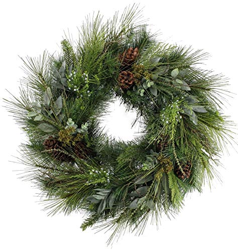 30-Inch Deluxe Full Sugar Pine and Greens Wreath with Pinecones - Perfect for Christmas Door Decor, Holiday Home Decoration & Festive Seasonal Gifts