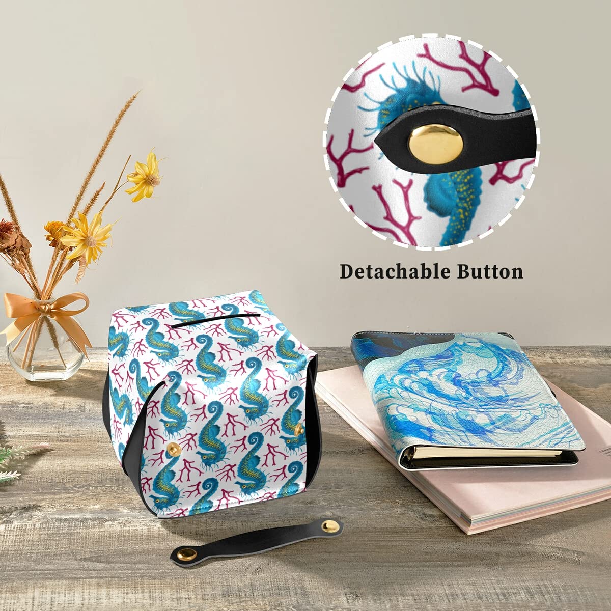 Seahorse Pink Coral PU Leather Tissue Box Cover - Rectangle Facial Tissue Holder with Hanging Loop for Bathroom, Bedroom Nightstand & Office Desk Decor