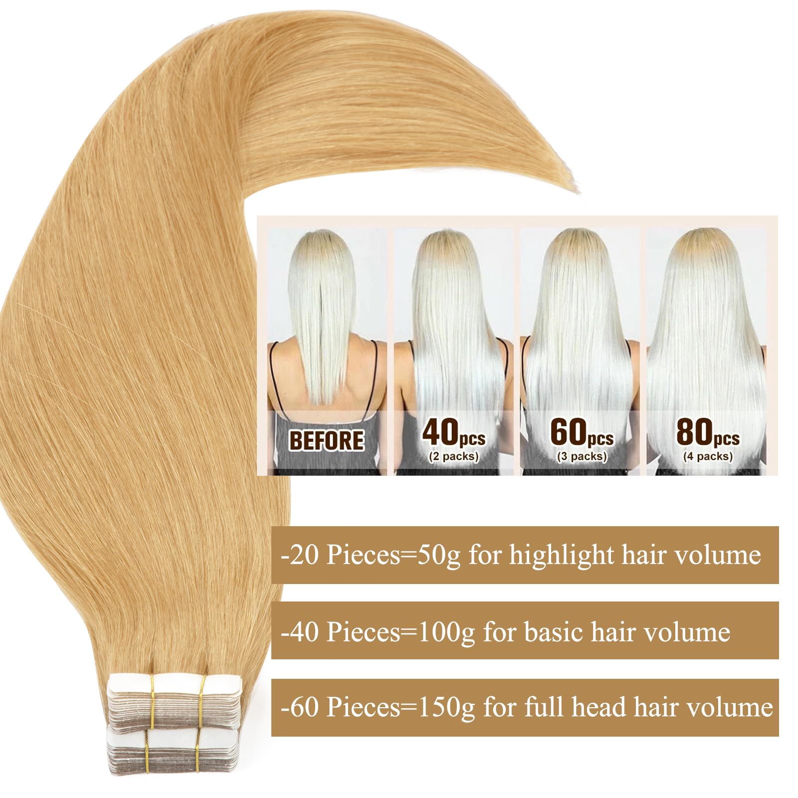 Loxxy 100% Real Virgin Human Hair Tape in Extensions - Seamless Skin Weft, Double Weft, Natural Thick Strawberry Blonde #27 (20 Pieces, 50g/Pack, 22 Inch) for Volume & Length - Perfect for Parties, Weddings & Daily Styling