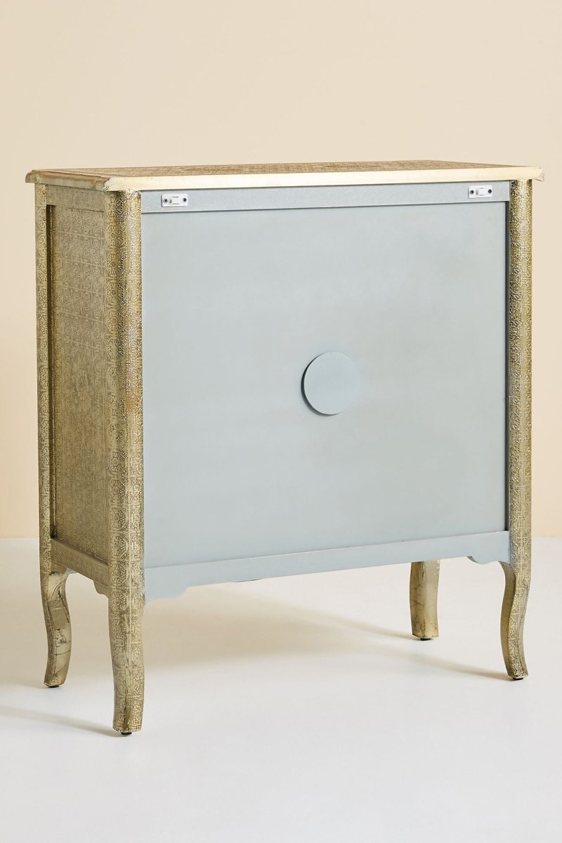 Hand Embossed Lotus Entryway Cabinet - Antique Brass Metal Console Table for Hallway, Living Room & Foyer Decor