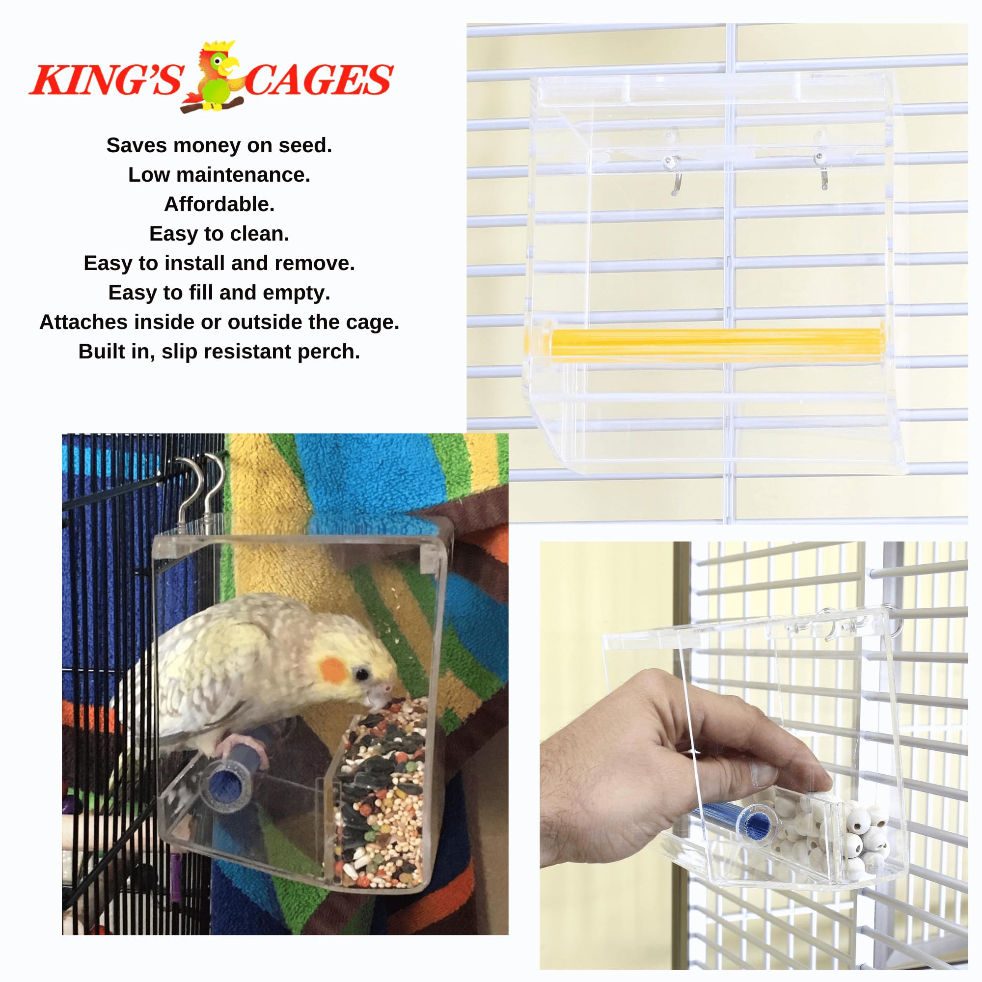 Durable Clear Plastic Small Bird Seed Feeder with Non-Slip Perch - Easy Cage Mount for Indoor/Outdoor Use - Perfect for Parakeets, Finches & Canaries - Ideal for Home, Garden or Aviary Bird Feeding