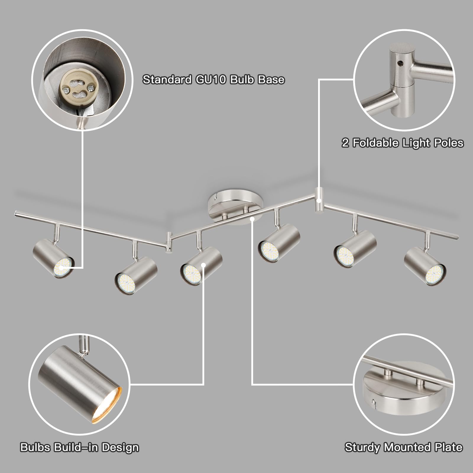 Black Adjustable Track Lighting Fixture with 6 GU10 Nickel Heads - Directional Ceiling Spotlight for Kitchen, Office, Dining Room, Closet & Studio | Modern Home & Commercial Lighting Solution