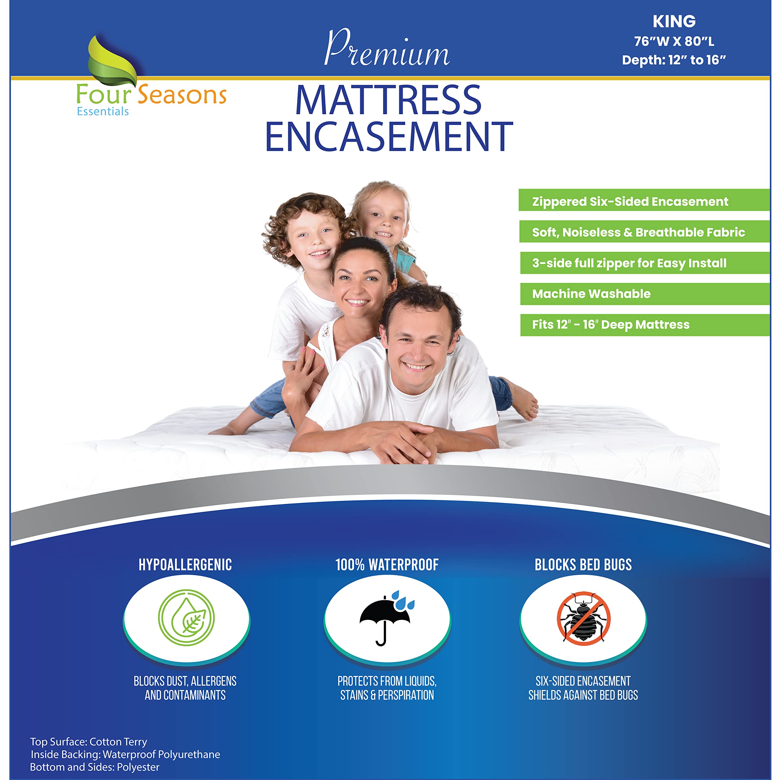 King Size Waterproof Mattress Protector - Hypoallergenic Dust Mite Proof Zippered Mattress Cover with Cotton Terry Top - Deep Pocket Bed Encasement for Allergy Relief & Comfort - Perfect for Homes with Pets, Kids, or Allergy Sufferers