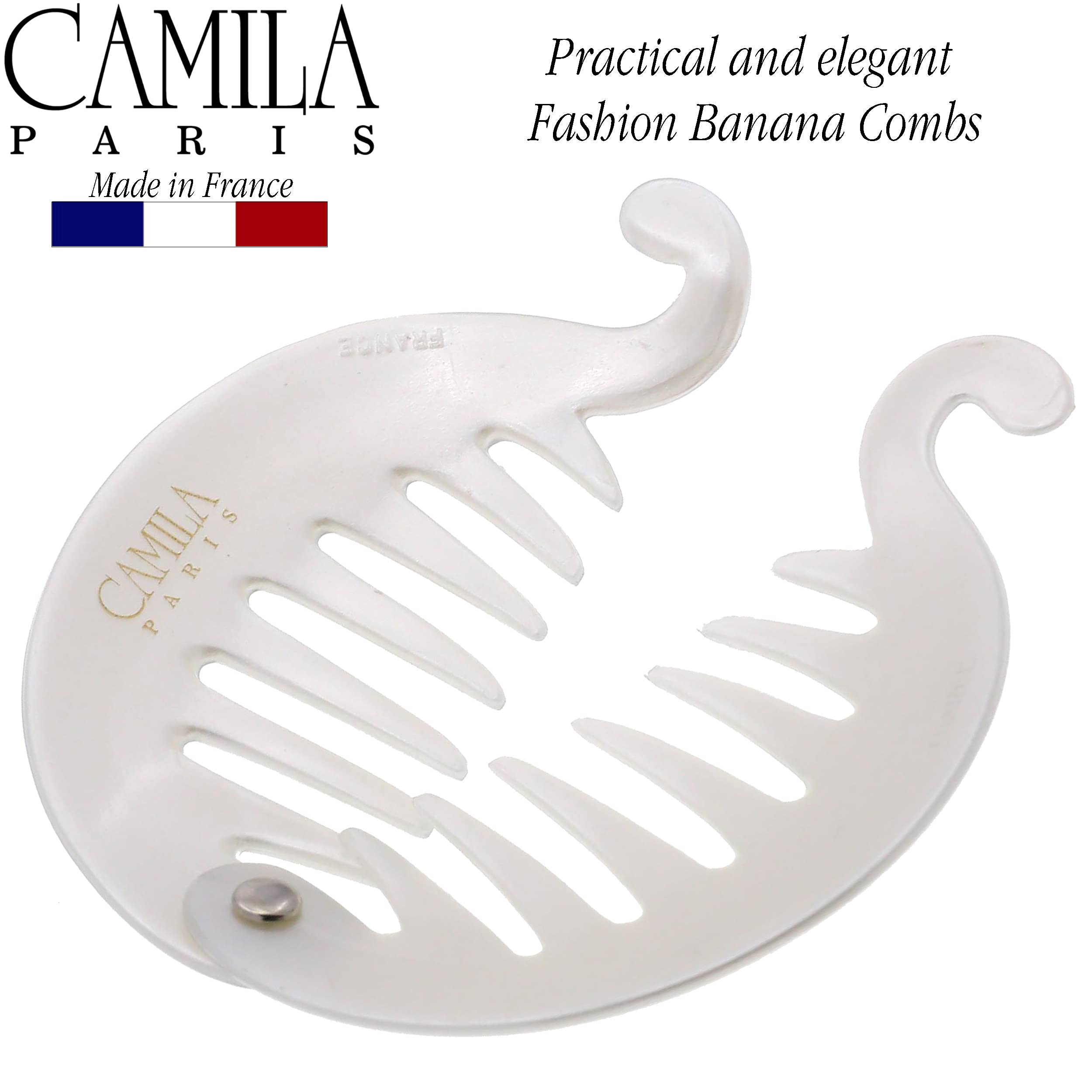 Camila Paris CP3015 French Banana Clip Hair Comb - 3.255 Inch White Round Ponytail Holder for Women & Girls | Volume & Thick Hair Styling Accessory | Made in France | Perfect for Parties, Weddings & Everyday Hairstyles