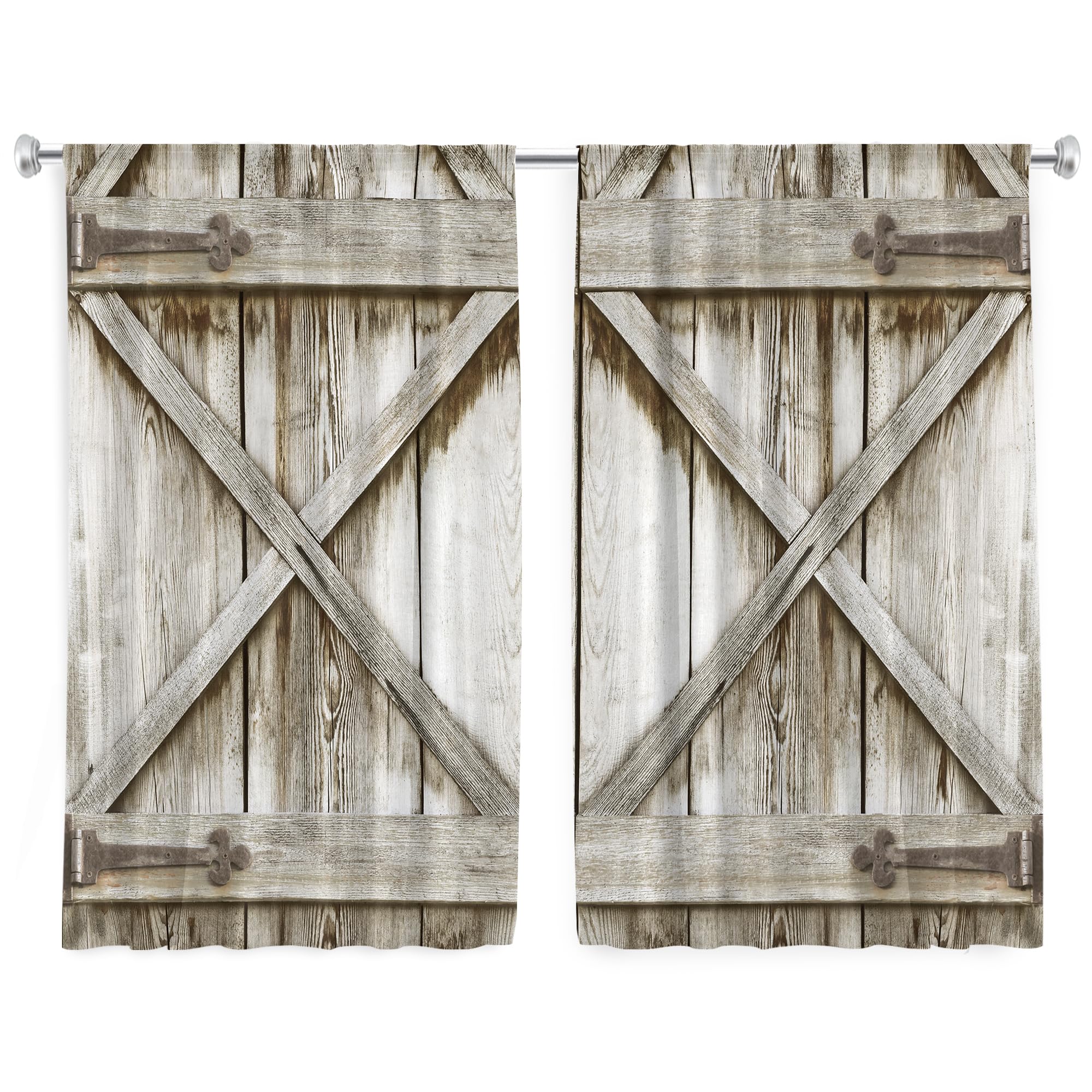 Rustic Farmhouse Kitchen Window Curtains - Wooden Barn Door Design, 27.5
