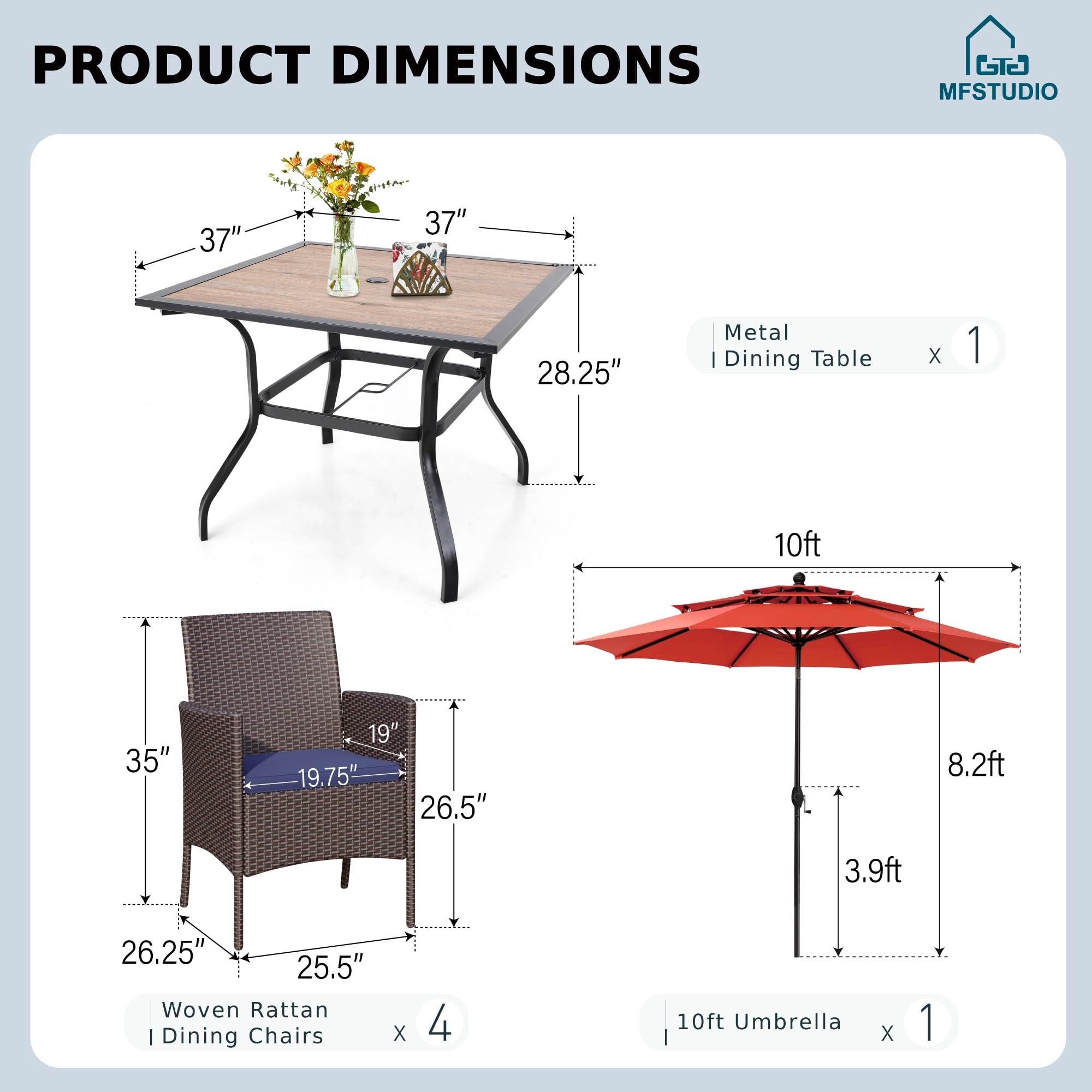 MFSTUDIO 6-Piece Outdoor Rattan Wicker Dining Set with Umbrella - Patio Furniture for 4 People, Weather-Resistant Metal Frame Table and Chairs - Perfect for Backyard, Garden, Poolside & Outdoor Entertaining