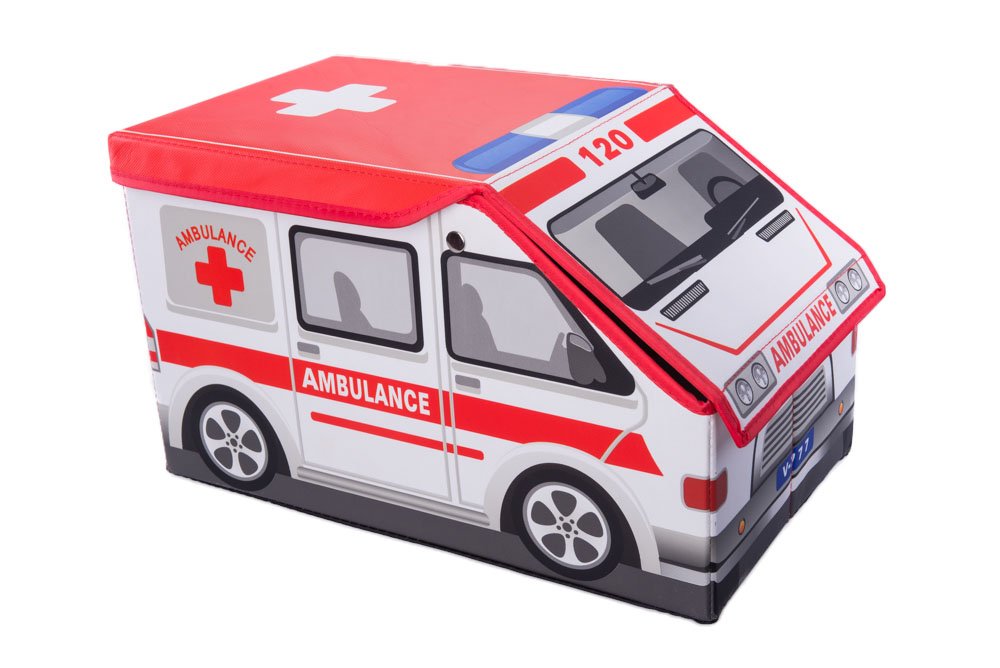 Clever Creations Kids Collapsible Storage Organizer & Ottoman - Vehicle Themed Toy Chest for Books, Shoes, Games Storage - Ambulance Design - Perfect for Bedroom, Playroom & Car Organization