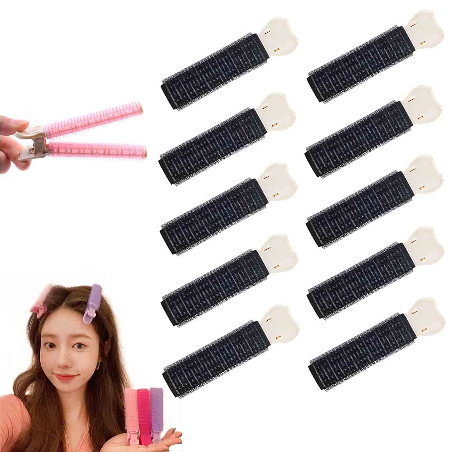Velcro Hair Rollers for Women - 10pcs Black Instant Volumizing Hair Clips, Natural Hair Styling Tools for Curly & Wavy Hairstyles - Perfect for Home Salon, Daily Styling & Special Occasions