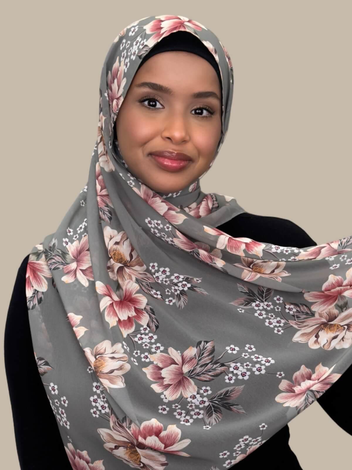 Vintage Peony Printed Chiffon Hijab Scarf - Lightweight Muslim Headscarf for Women, Perfect for Daily Wear, Prayer, and Special Occasions