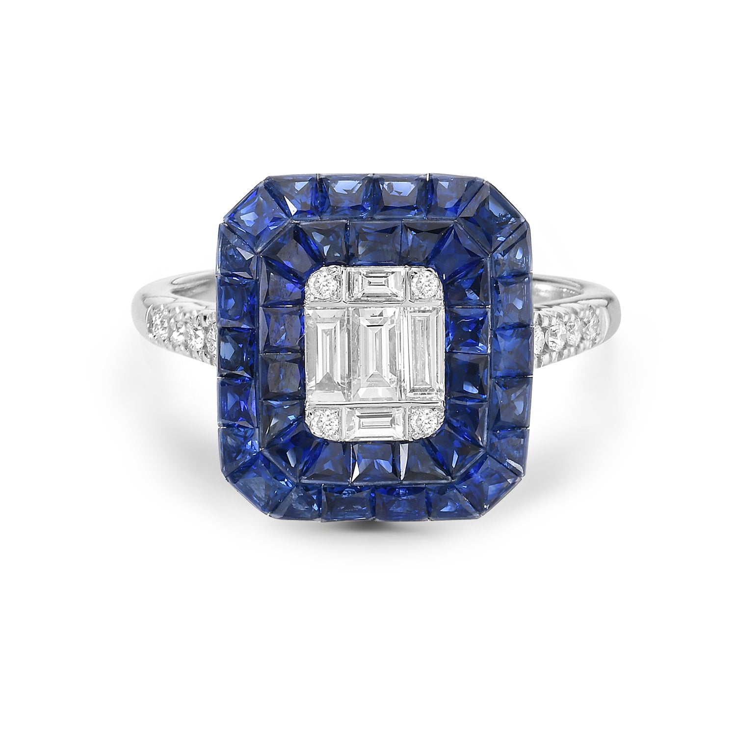 Blue Sapphire Pave Diamond Octagon Cocktail Ring in 18K White Gold - Elegant Statement Jewelry for Evening Parties & Special Occasions