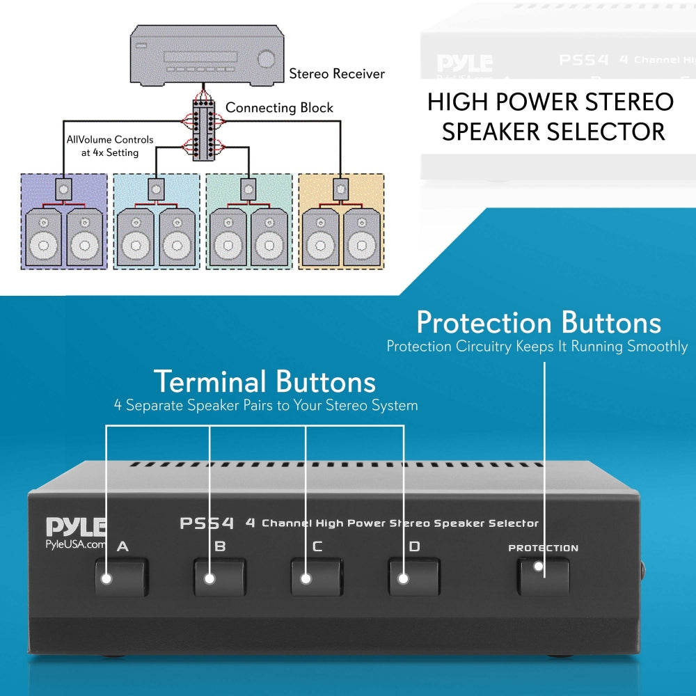 4-Channel Stereo Speaker Selector Switch - High-Quality Audio Distribution for Home Theater, Multi-Room Music System & Office Setup