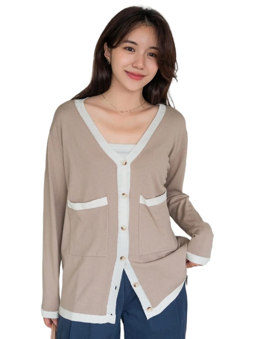 Women's Contrast Trim Drop Shoulder Pocket Cardigan Sweater - Khaki Medium | Cozy Fall & Winter Layering for Casual Outfits & Office Wear