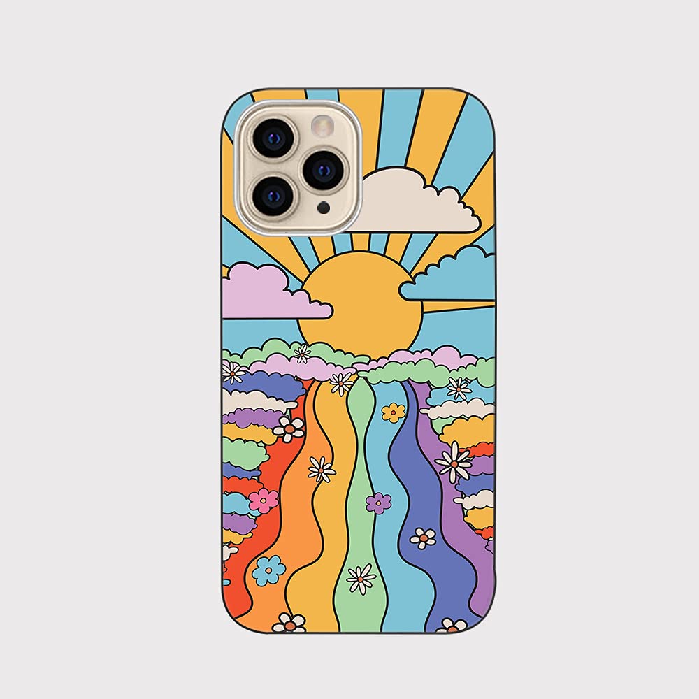 Blingy's iPhone 13 Pro Max Case (6.7 inch) - Retro Rainbow Psychedelic TPU Protective Cover with Scenic Landscape Design | Perfect for Music Festivals & Boho Lifestyle
