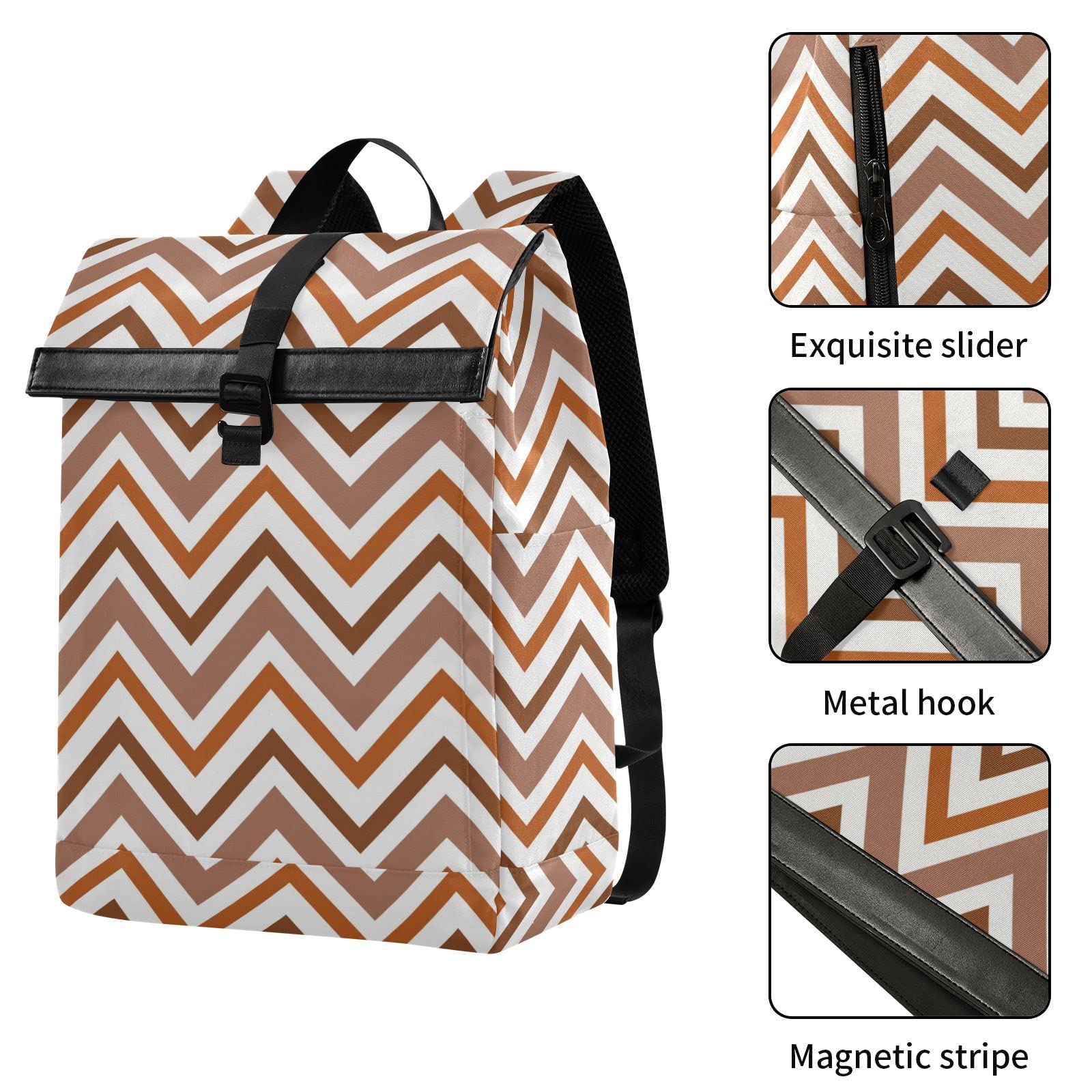 Acpiggto Roll Top Backpack - Brown Zigzag Striped Geometric Design, Classic Travel Daypack with Padded Shoulder Straps (Large & Medium Sizes) - Perfect for Hiking, Commuting & College Campus Use