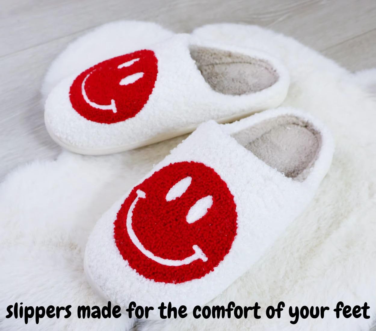 Women's Smiley Face Slippers - Soft Plush Warm Slip-On House Shoes for Indoor & Outdoor Use | Cozy Retro Women's Slippers for Home, Lounge & Relaxation