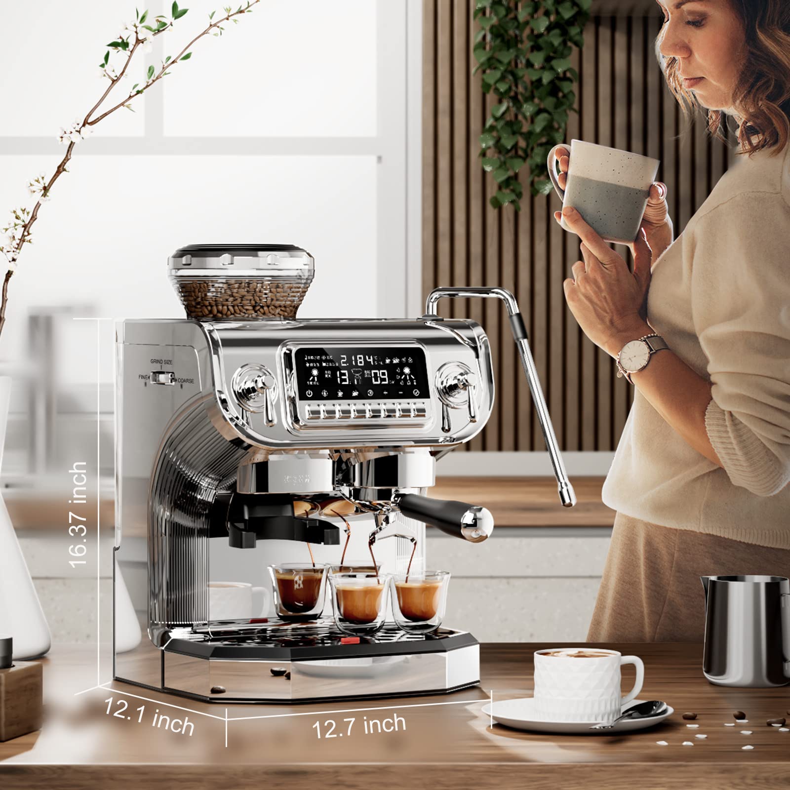 Mcilpoog TC530 Semi-Automatic Espresso Machine with Built-in Grinder & Milk Frother - 15 Bar Pressure, PID Temperature Control, 5.5