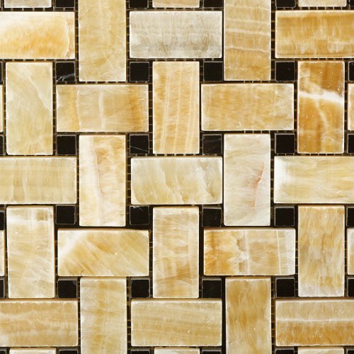 Premium Honey Onyx Polished Basketweave Mosaic Tile with Black Dots - 5 sq. ft. Box - Natural Stone Backsplash for Kitchen & Bathroom - Waterproof Peel-and-Stick Wall Tile for Shower, Fireplace, and Flooring
