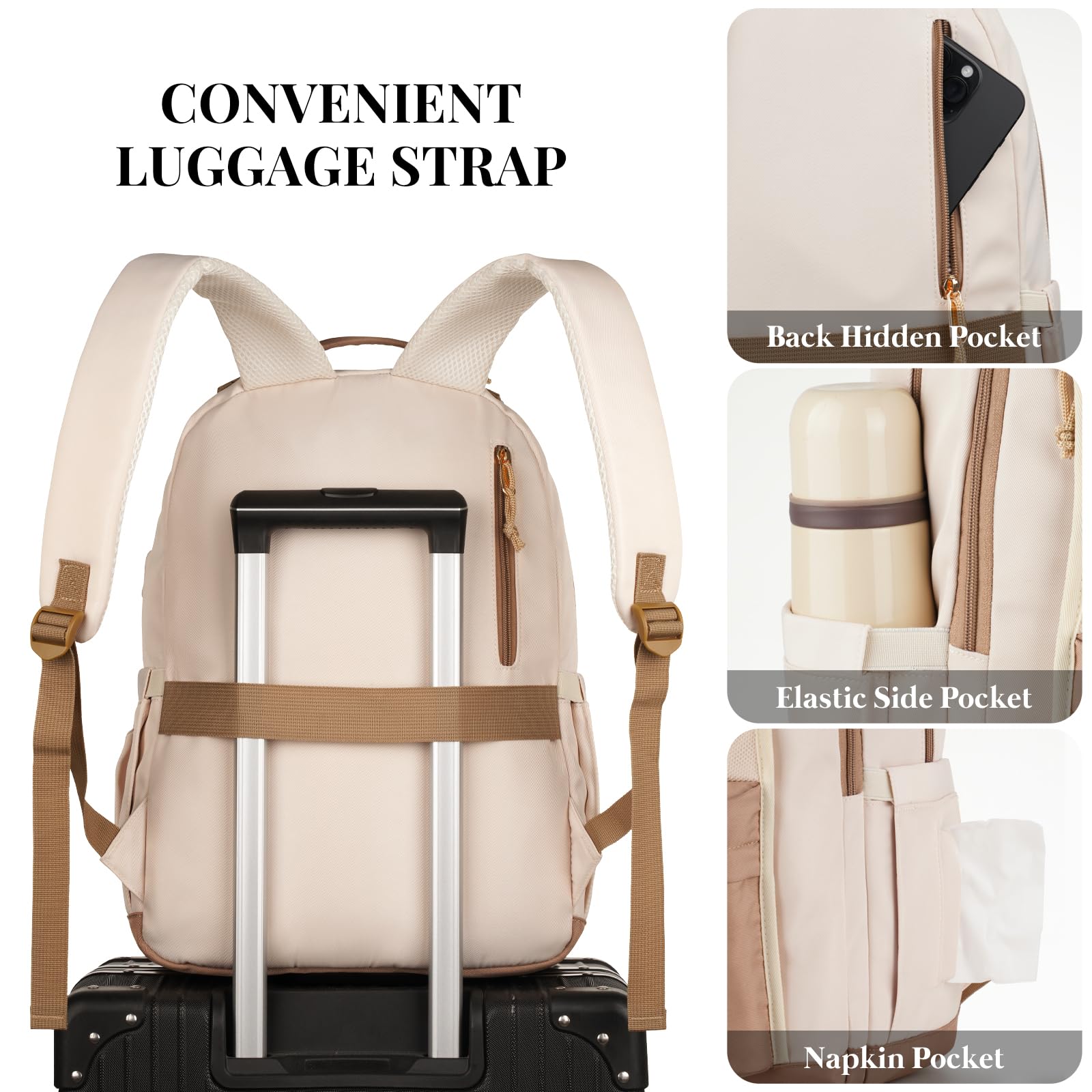 Stylish Aesthetic Backpack for Teen Girls & College Women - Large 15.6 Inch Laptop Book Bag for School, Work & Travel (Khaki Beige) | Perfect for Daily Commute, Campus Life & Weekend Getaways