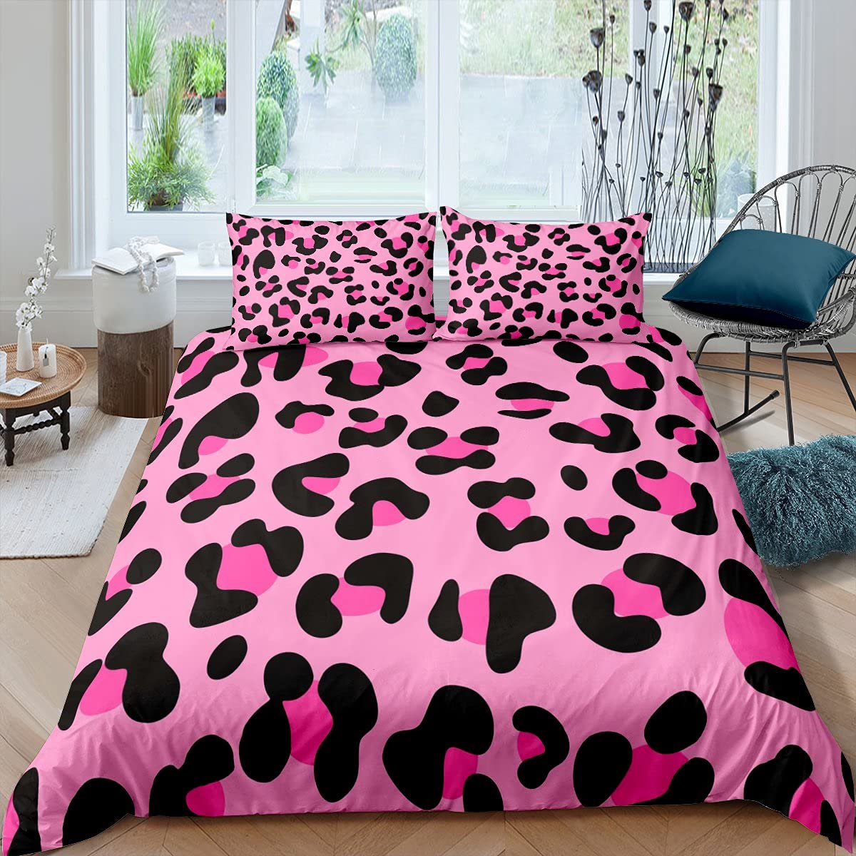 Erosebridal Leopard Print Duvet Cover Set - Twin Size Cheetah Pattern Bedding for Kids, Teens & Adults | 2-Piece Comforter Cover + Pillow Sham | Pink & Black African Animal Theme | Perfect for Jungle-Themed Bedrooms, Dorm Decor & Wild Animal Lovers