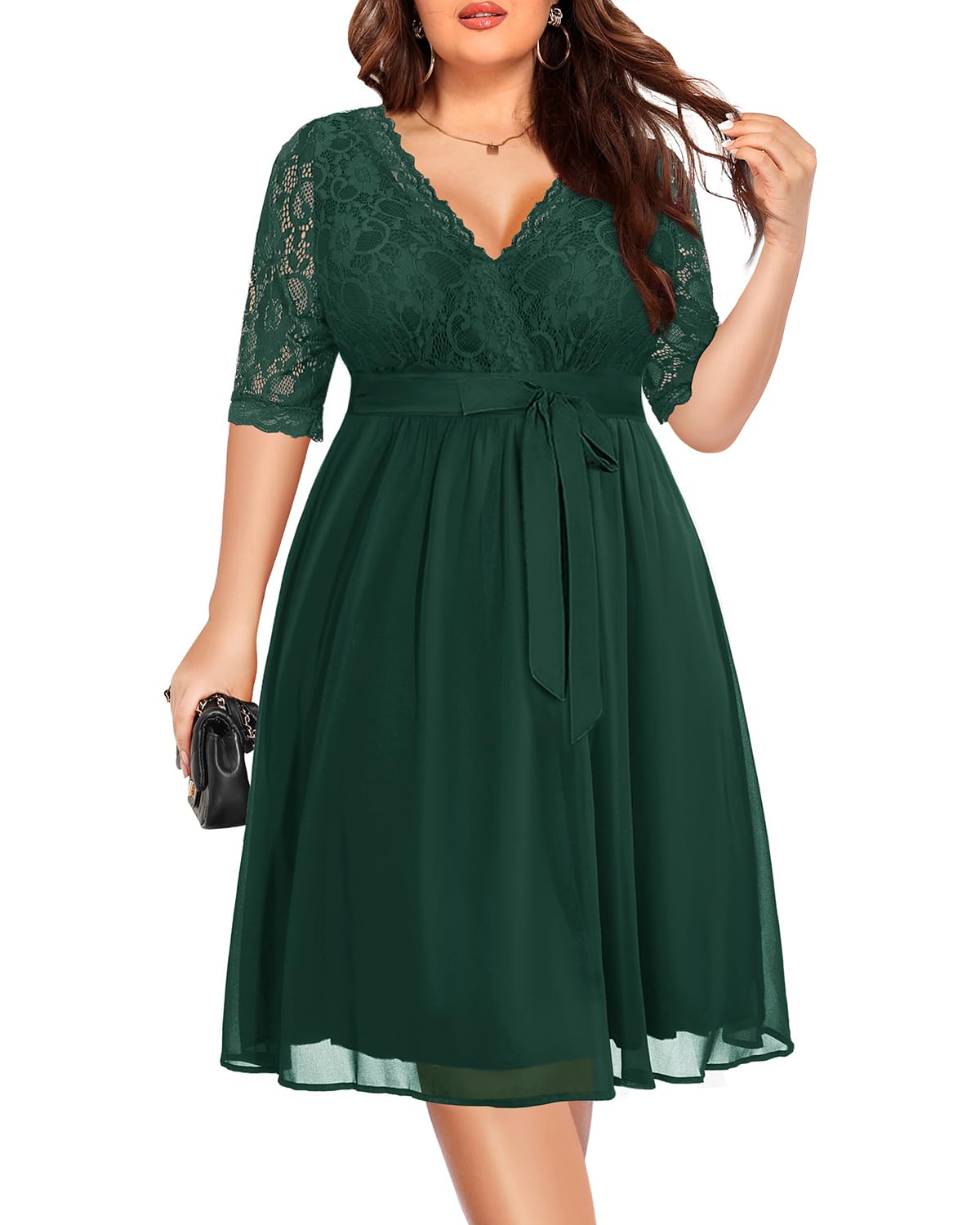 Plus Size Lace Chiffon Wrap V-Neck Cocktail Dress for Women - Elegant Wedding Guest & Party Midi Dress - Perfect for Bridal Showers, Date Nights & Special Occasions