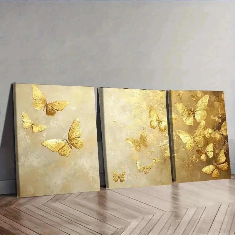 3-Piece Gold Leaf Butterfly Oil Painting Wall Art Set - Framed Canvas 50x70cm - High Quality Print - 100% Australian Made - Ready to Hang - Perfect for Living Room, Bedroom & Office Decor
