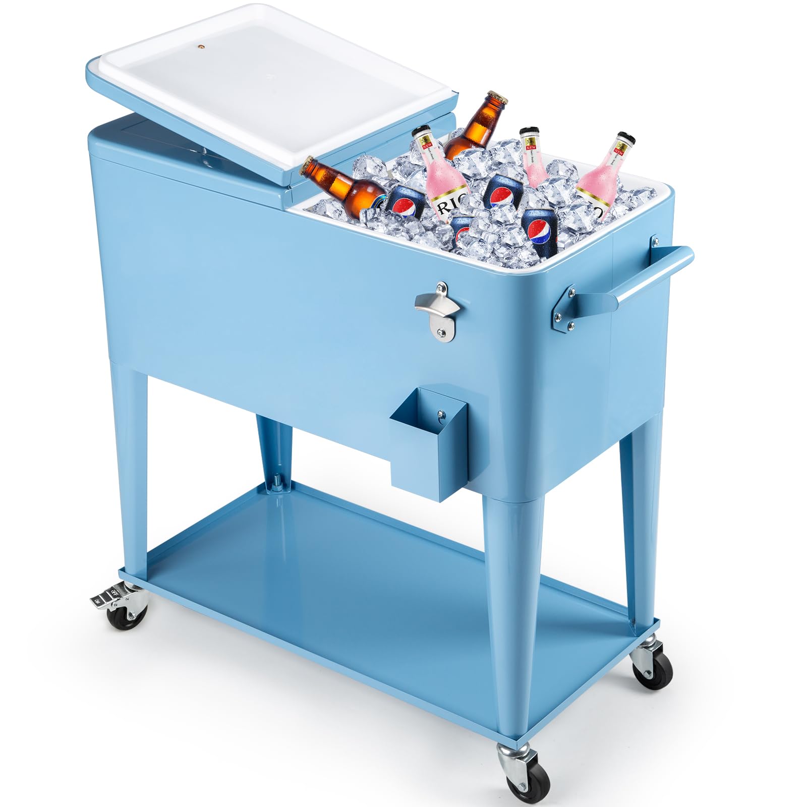 80 Quart Rolling Patio Cooler Cart with Wheels - Portable Beverage Ice Chest, Built-in Shelf & Bottle Opener, Stand-Up Cooler with Handles for Outdoor Parties, Beach, Camping & Tailgating (Blue)