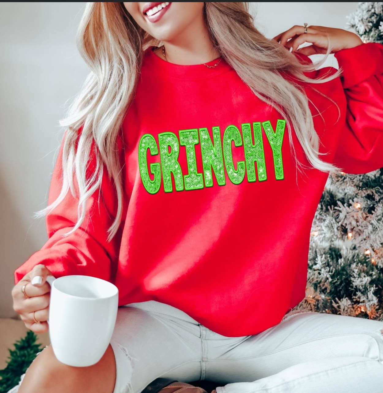 Grinchy Faux Glitter Sweatshirt - Red Christmas Themed Pullover for Women | Perfect for Holiday Parties & Ugly Sweater Contests