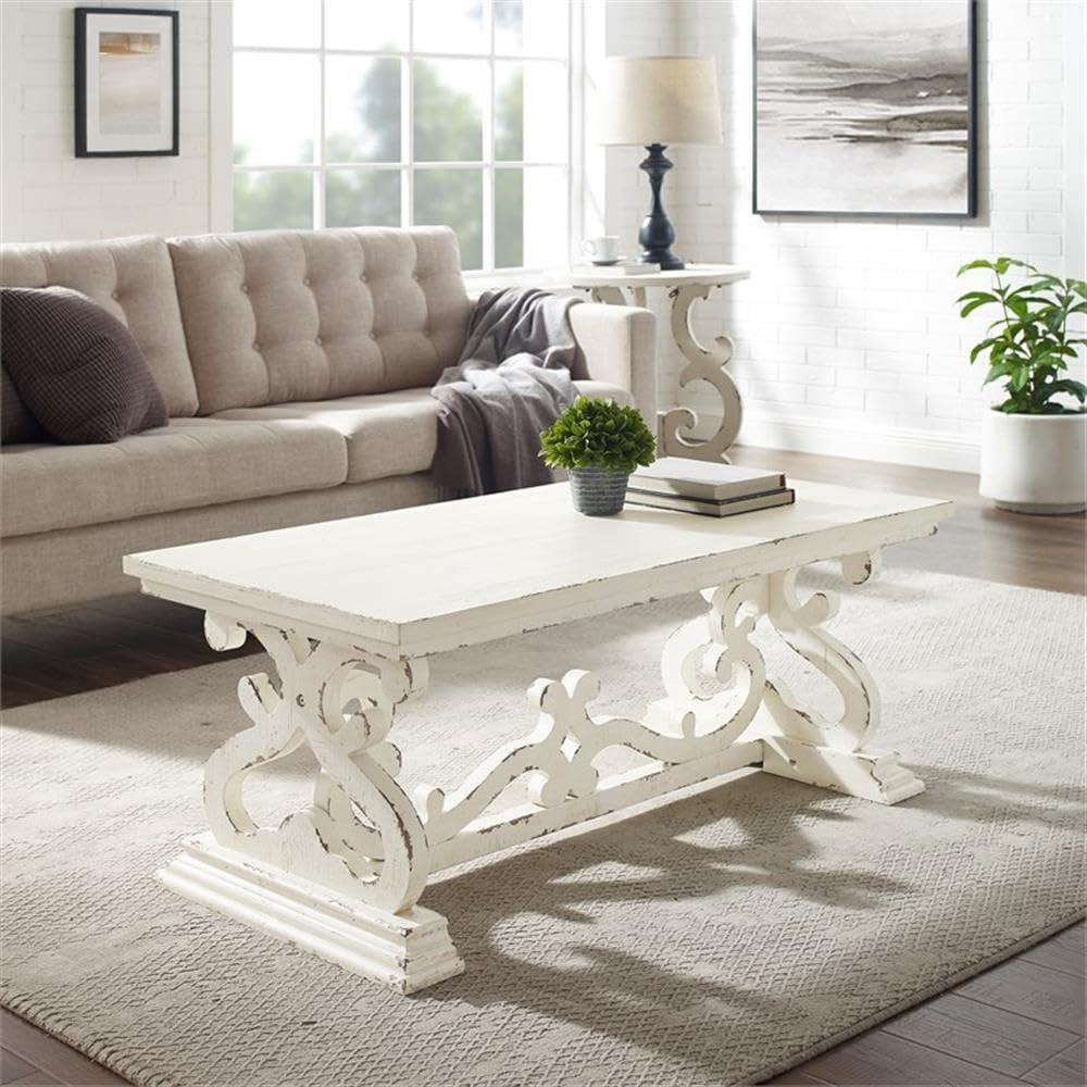 BOWERY HILL White Distressed Wood Coffee Table - Modern Farmhouse Style Living Room Centerpiece for Home Decor