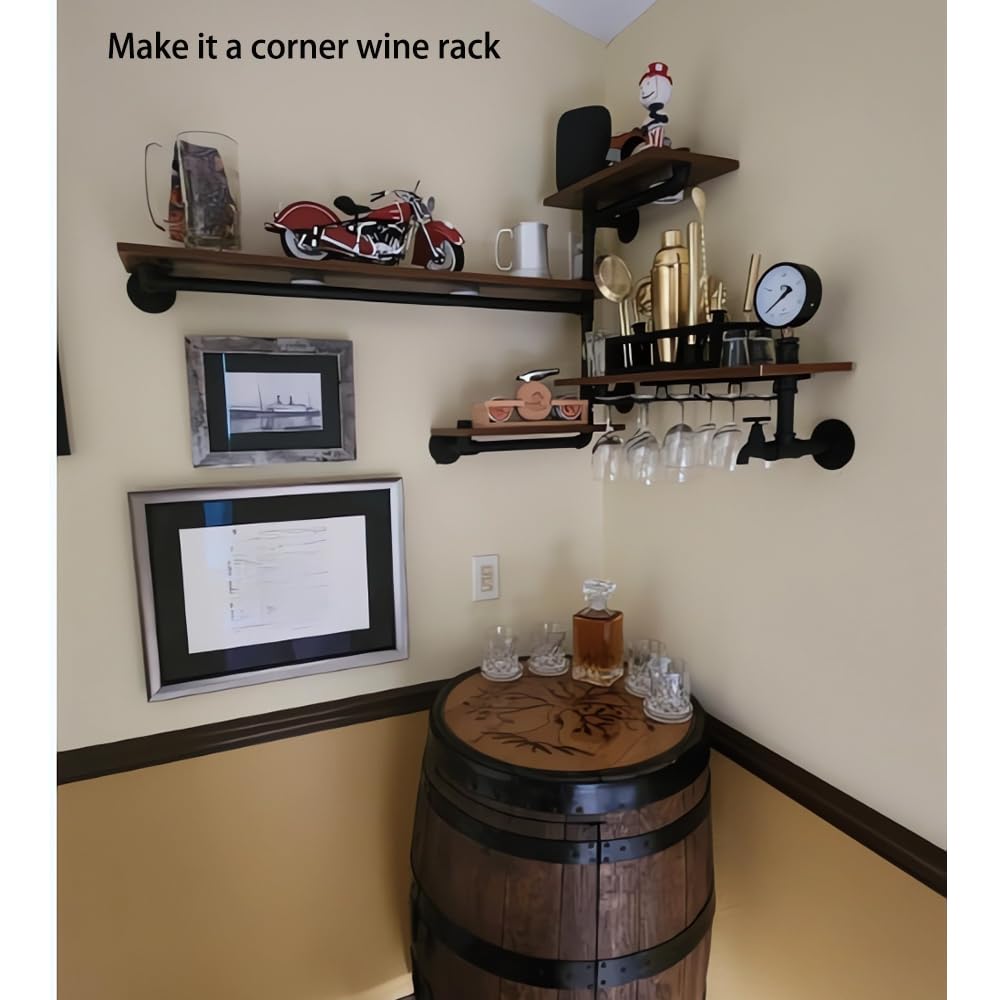 Industrial Pipe Shelves Wine Rack - 39in Wall Mounted Metal Hanging Shelf with 4 Stem Glass Holder, Rustic Floating Pipe Shelf for Living Room, Kitchen, Bar Decor - Perfect for Wine Storage, Glass Display & Home Organization