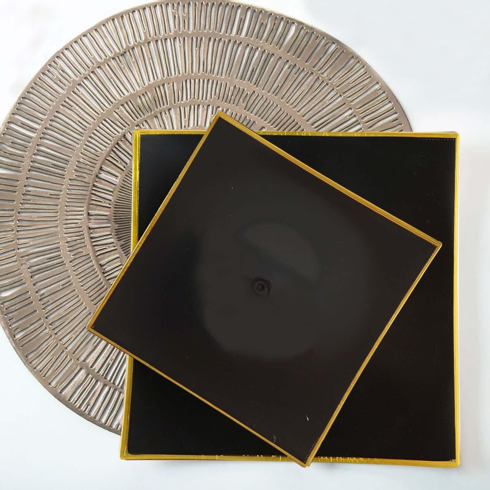 Efavormart 10-Pack 8 Inch Black and Gold Concave Square Plastic Dinner Plates - Disposable Party Plates for Weddings, Birthdays, and Special Events