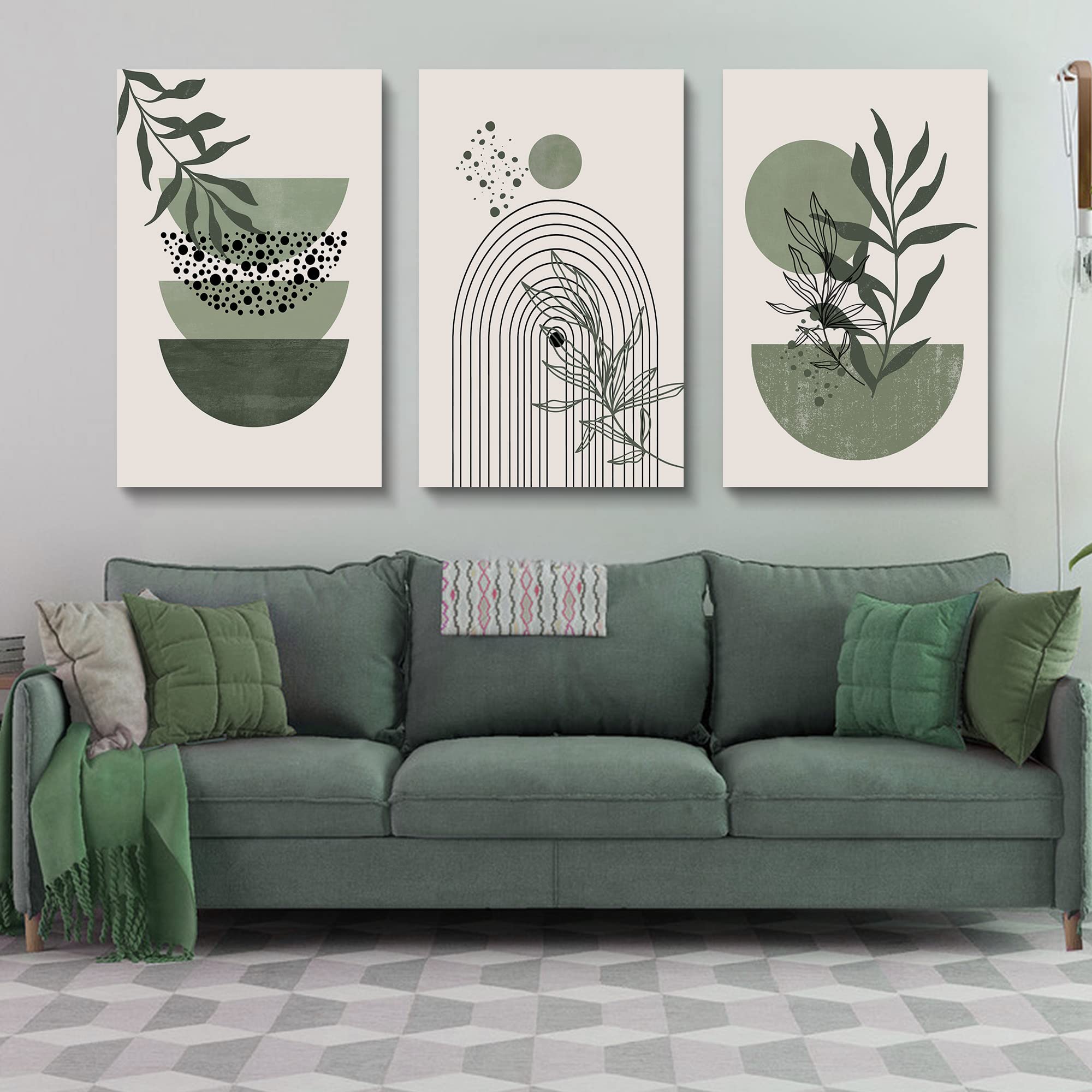 Sage Green Wall Posters & Prints - Set of 3 Boho Minimalist Framed Wall Art with Geometric Line, Leaf, Sun & Moon Designs on Beige Green Canvas Paintings | Perfect for Living Room, Bedroom & Office Decor