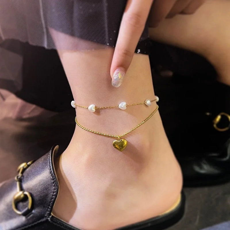Layered Gold Heart Anklet Chain with Pearl Beads - Dainty Adjustable Ankle Bracelet for Women | Perfect for Beach, Wedding & Everyday Wear | NL640