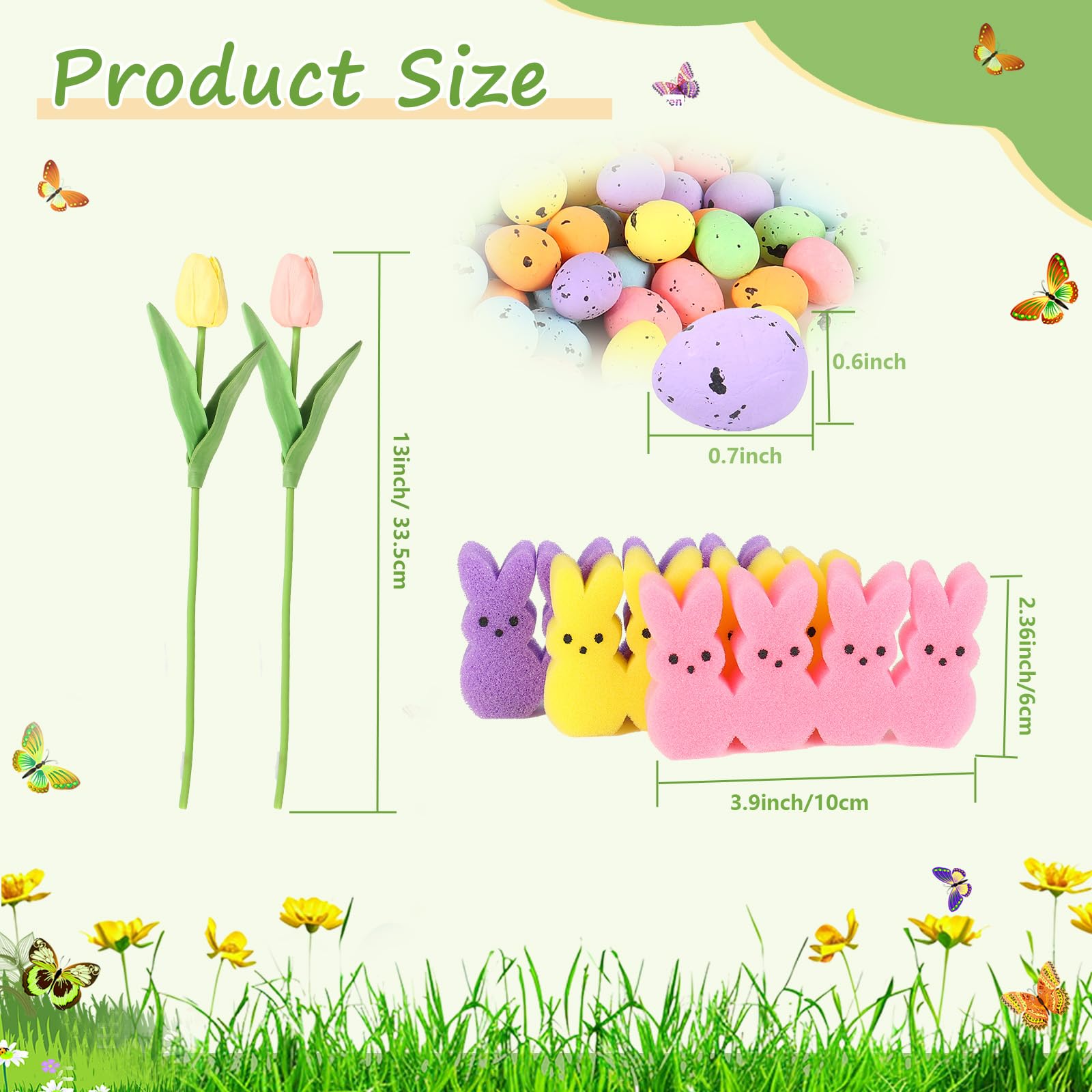 16 Artificial Tulips with 48 Bunnies & Egg Vase Filler Set - Easter Table Decorations, Spring Home Centerpiece for Dining Room, Party, Wedding (Yellow) | Indoor Floral Arrangement & Holiday Decor