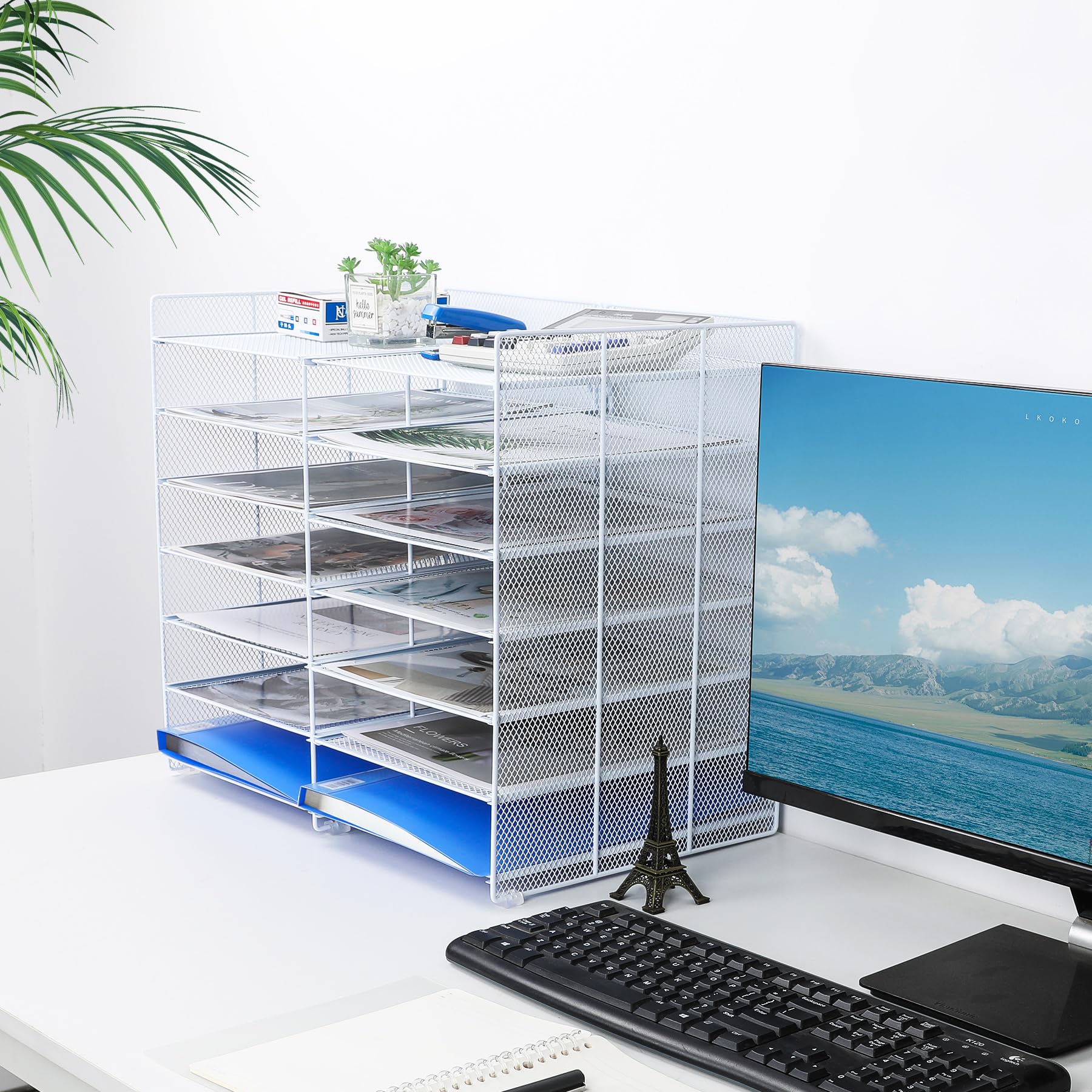 TQVAI 7-Tier Adjustable Desk File Organizer - 12 Slots Mail Sorter & Paper Storage Rack for Office, Home, School - White | Perfect for Organizing Documents, Bills, Letters in Workspaces & Classrooms