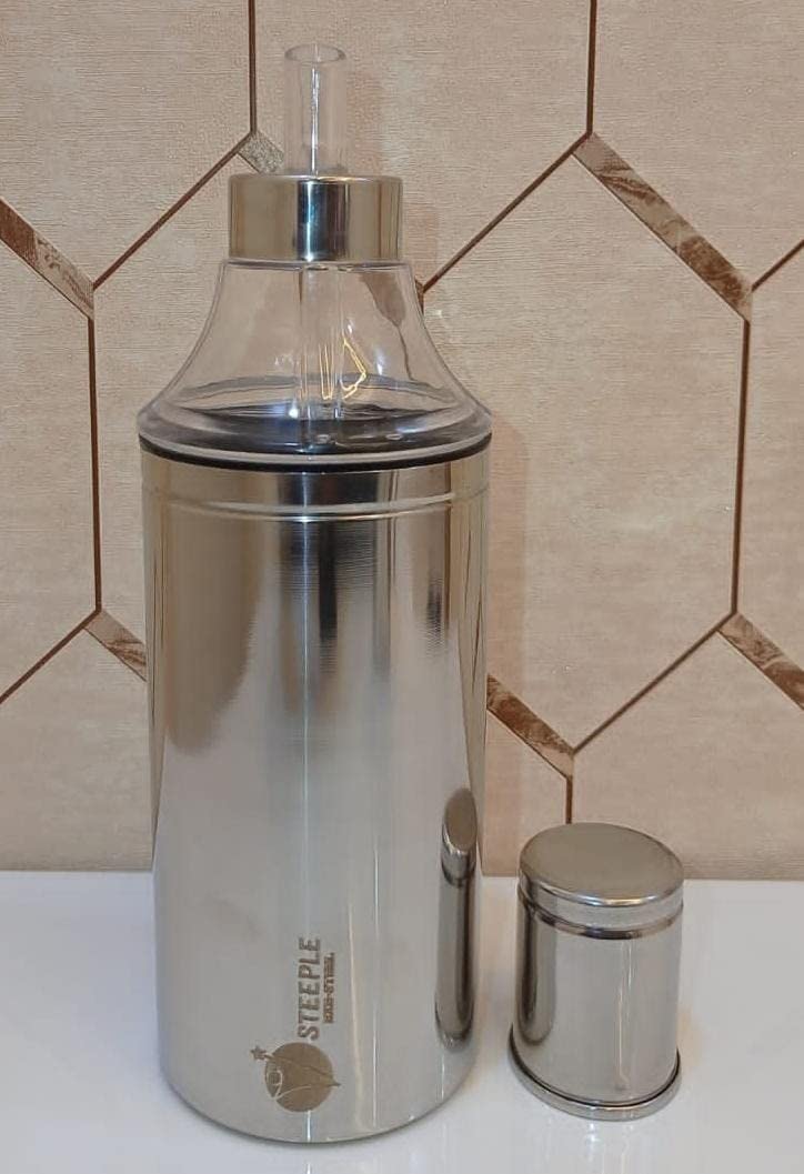 STEEPLE® 1 Liter Stainless Steel Oil Dispenser Bottle - Durable Kitchen Oil Container for Cooking, Frying & Baking - Perfect for Home, Restaurant & Commercial Use (Silver, Pack of 1)