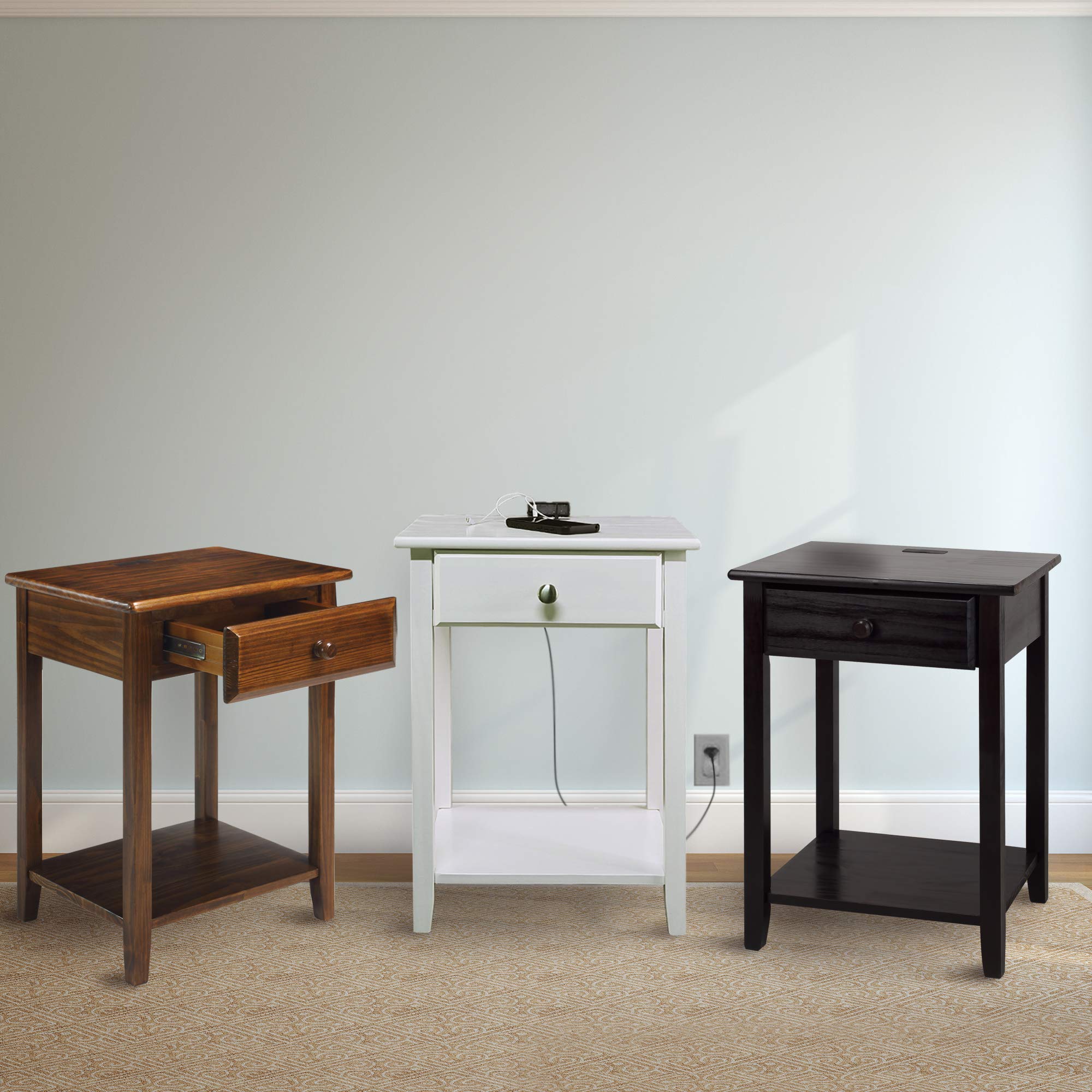 Casual Home Night Owl Nightstand with USB Ports - Warm Brown Wood Bedside Table for Bedroom, Living Room & Office - Charging Station & Storage Solution