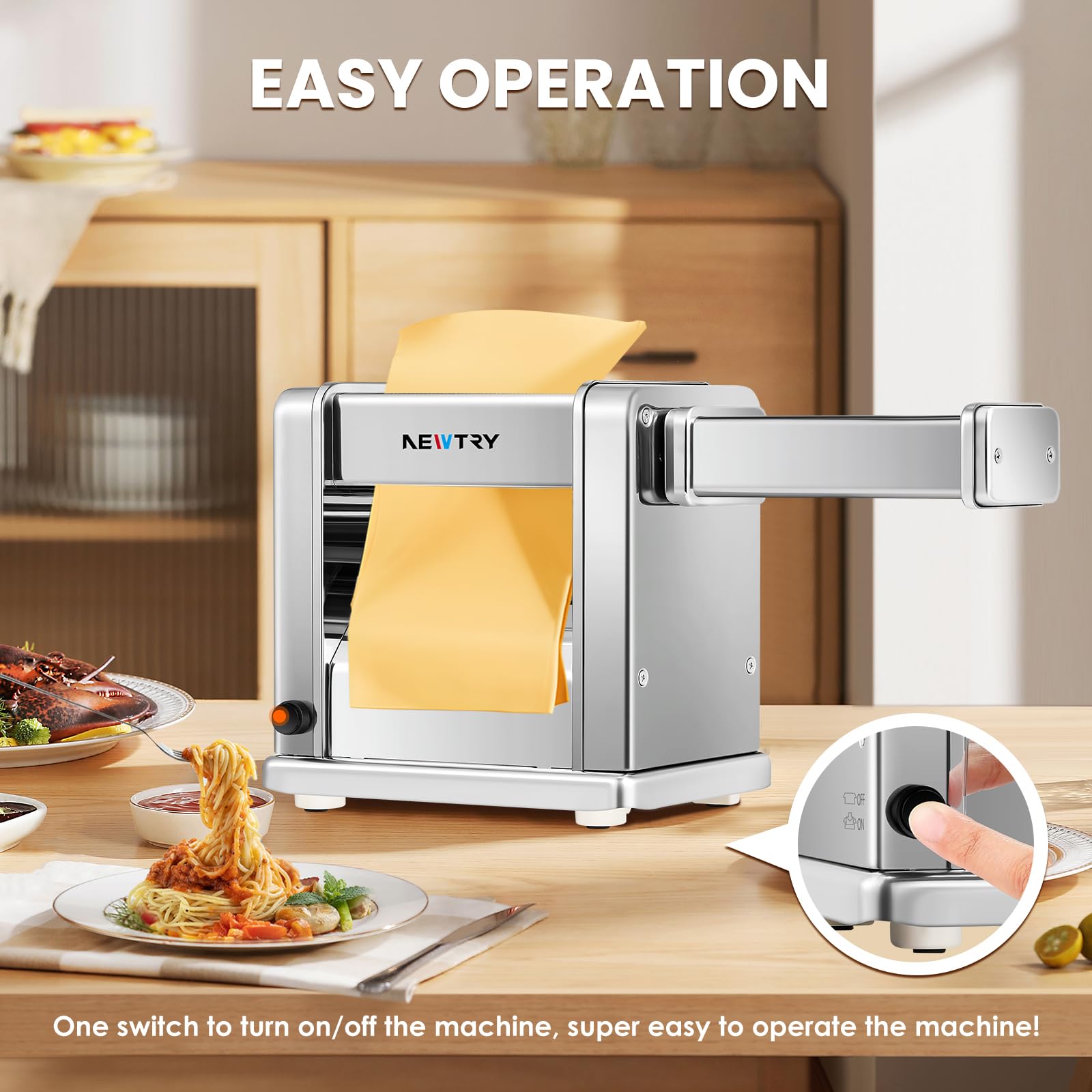 NEWTRY Electric Pasta Maker Machine - 3 Blade Attachments (2mm/4mm/6.5mm) for Homemade Noodles, Dough Roller & Press Cutter - 110V US Plug - Perfect for Family Cooking, Italian Dishes & Fresh Pasta Making at Home