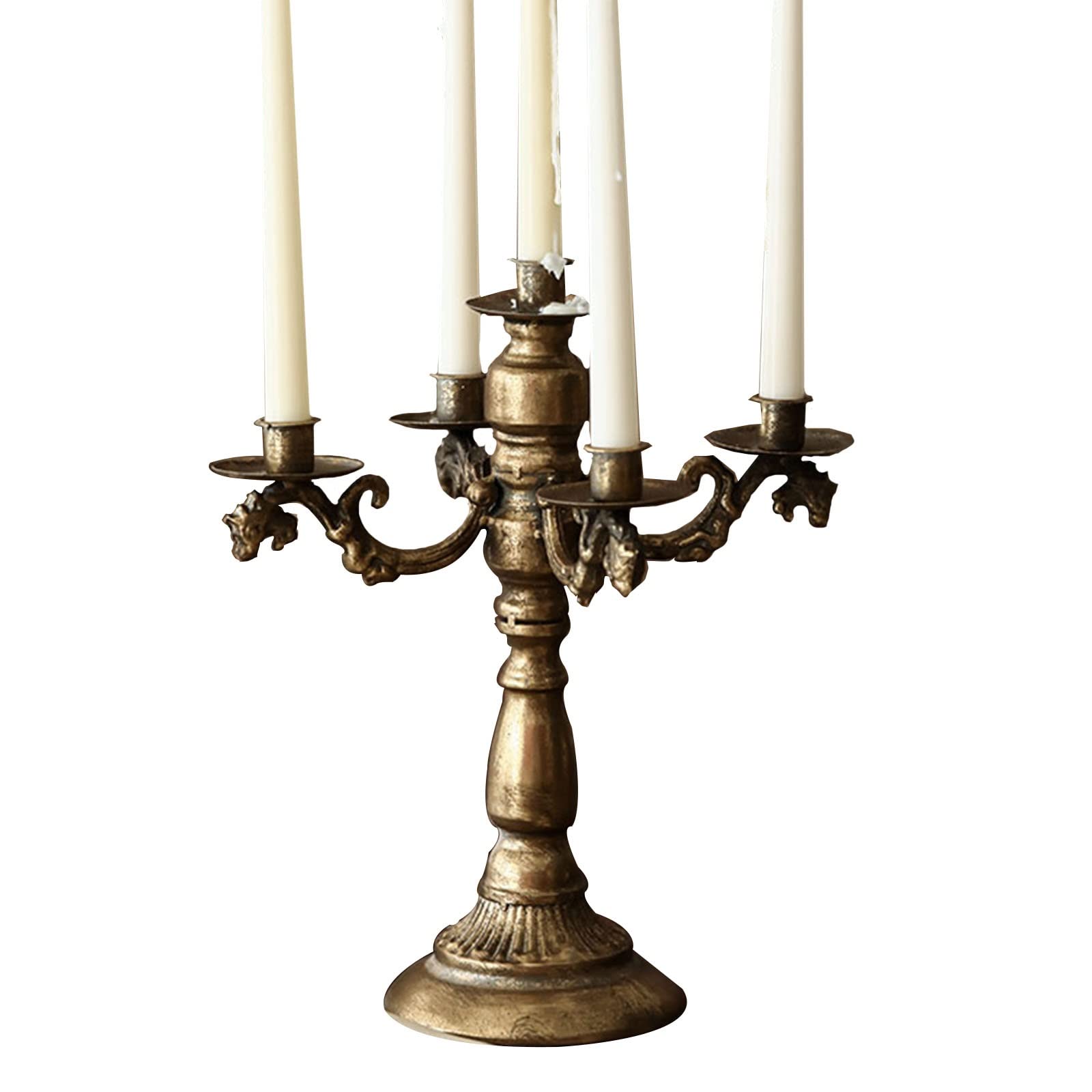 Antique Iron 5-Arm Candle Holder - 14 Inch Vintage Gold Candlestick for Christmas, Birthday & Wedding Decor - Rustic Pillar Candle Stand for Dining Table, Fireplace Mantel & Home Centerpiece - Stable Base