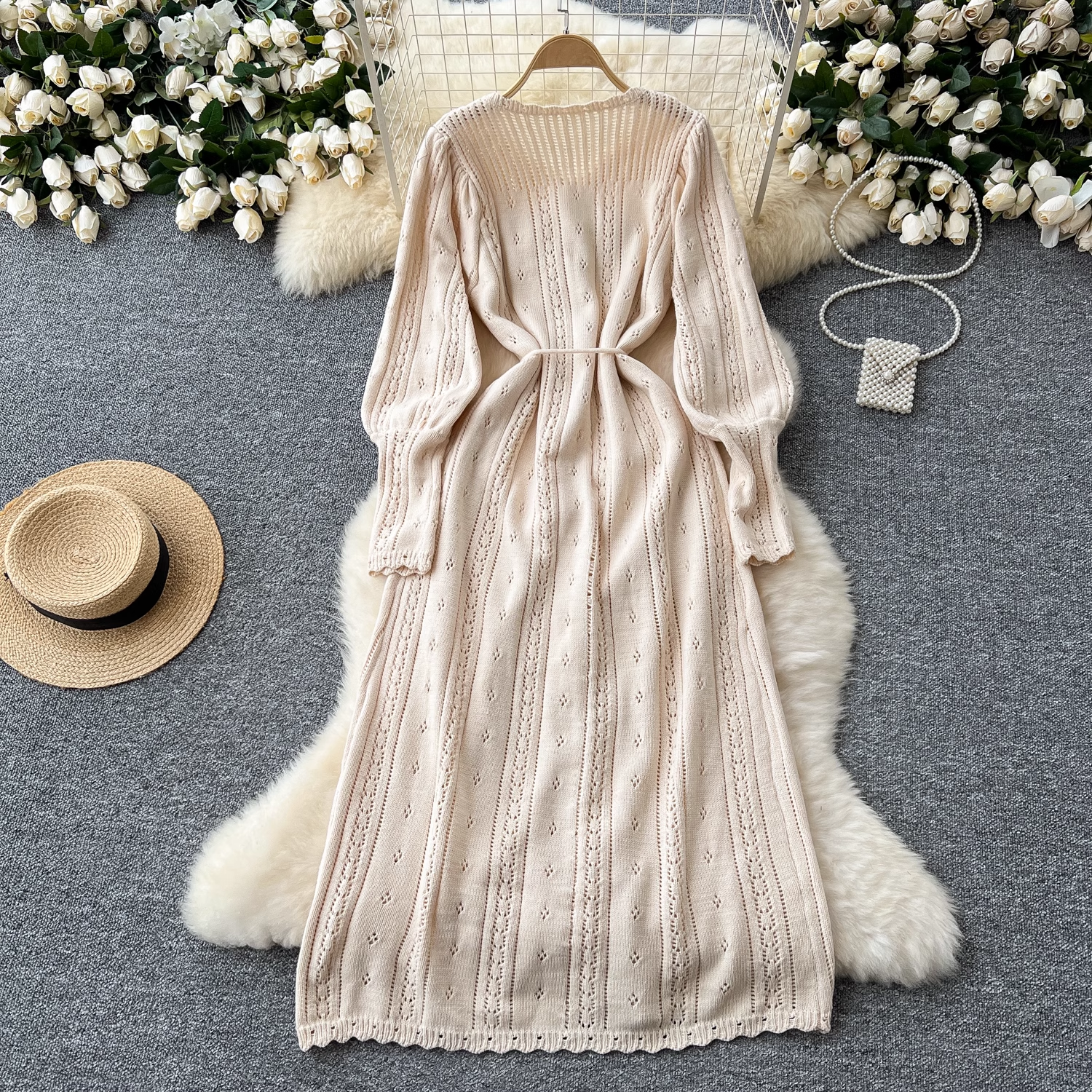 Women's Autumn Winter Knitted Sweater Dress with Sweet Hollow Lantern Sleeves - L15 Size - Perfect for Holiday Parties, Office Wear & Casual Outings
