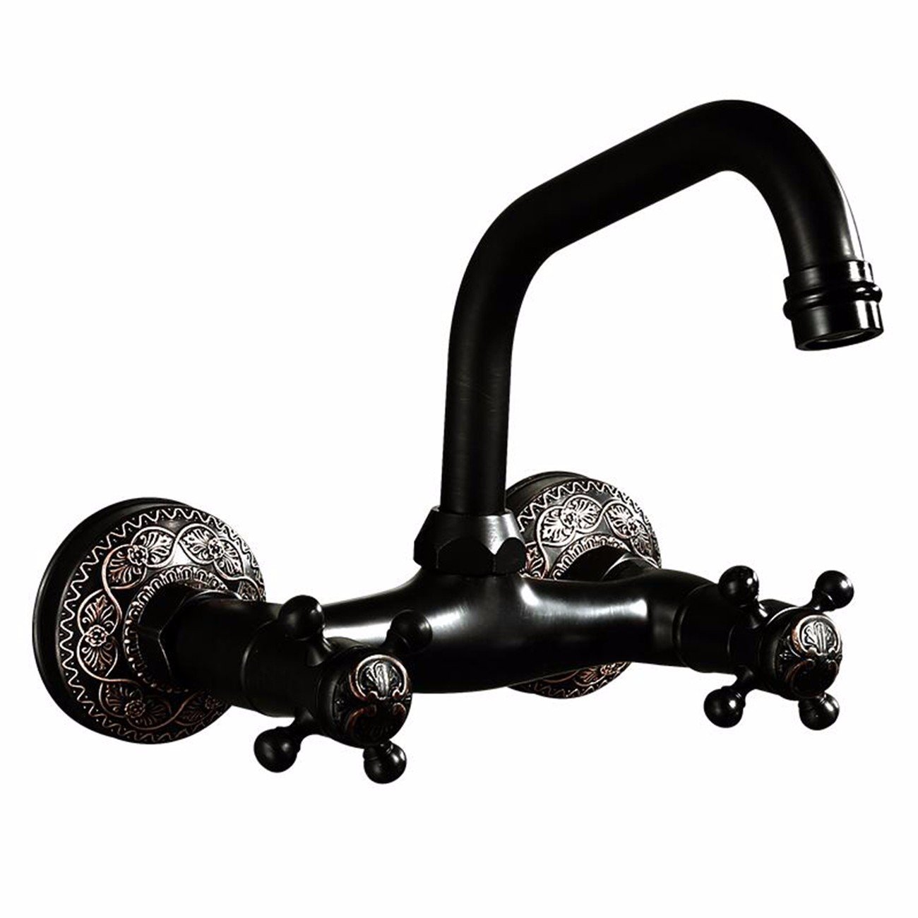 Antique European Black Wall-Mounted Copper Faucet for Wash Basin - Hot & Cold Water Double Hole Design - Perfect for Vintage Bathroom & Farmhouse Sink Decor