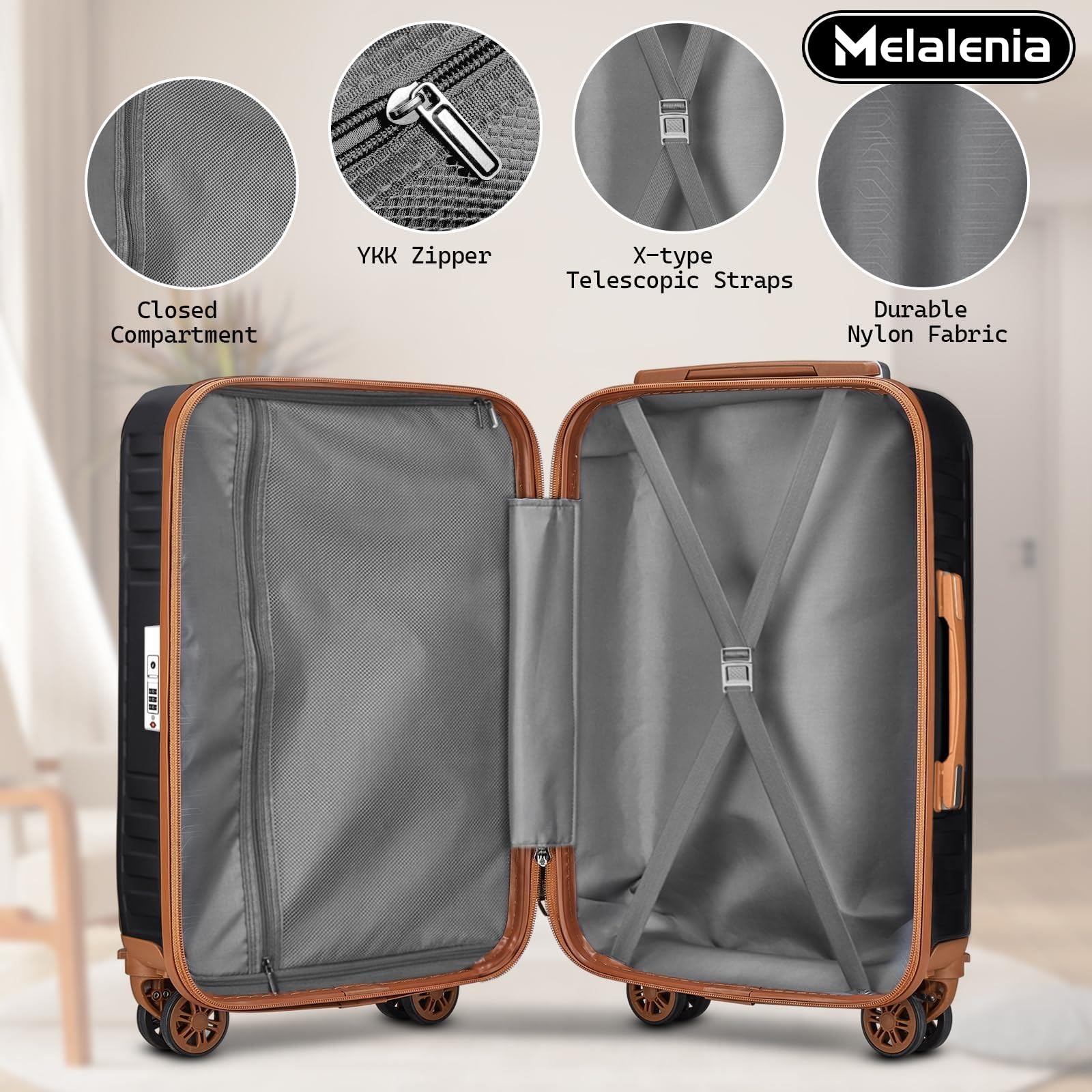 **7-Piece Melalenia Hard Shell Spinner Luggage Set with TSA Lock - Lightweight Suitcase for Women (Black/Brown) - Perfect for Air Travel, Business Trips & Family Vacations**