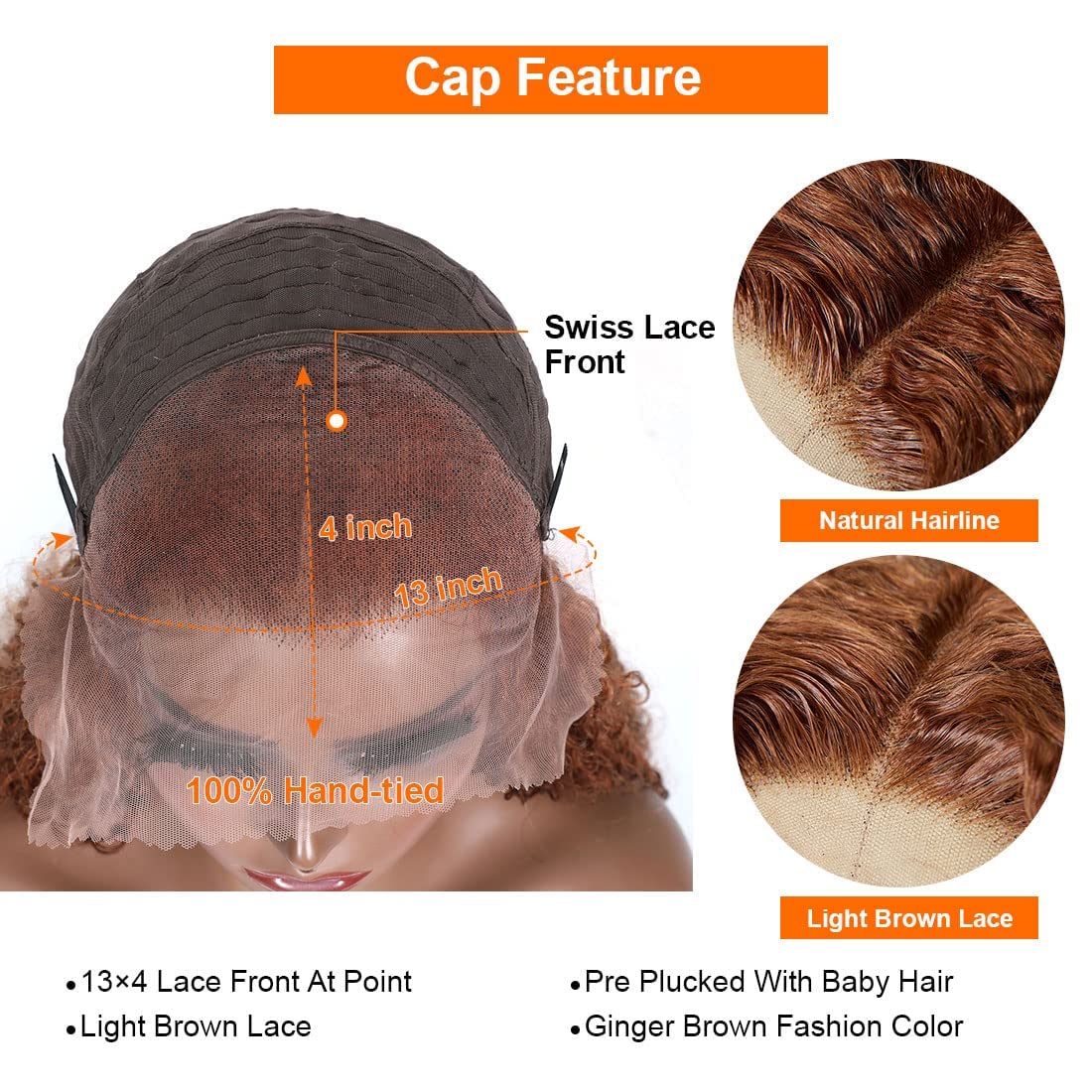 LONGQI 20 Inch Ginger Brown Jerry Curly Human Hair Wig - 13x4 HD Transparent Lace Front Brazilian Remy Hair for Women (180% Density, Pre-Plucked with Baby Hair) | Perfect for Cosplay, Daily Wear & Special Occasions