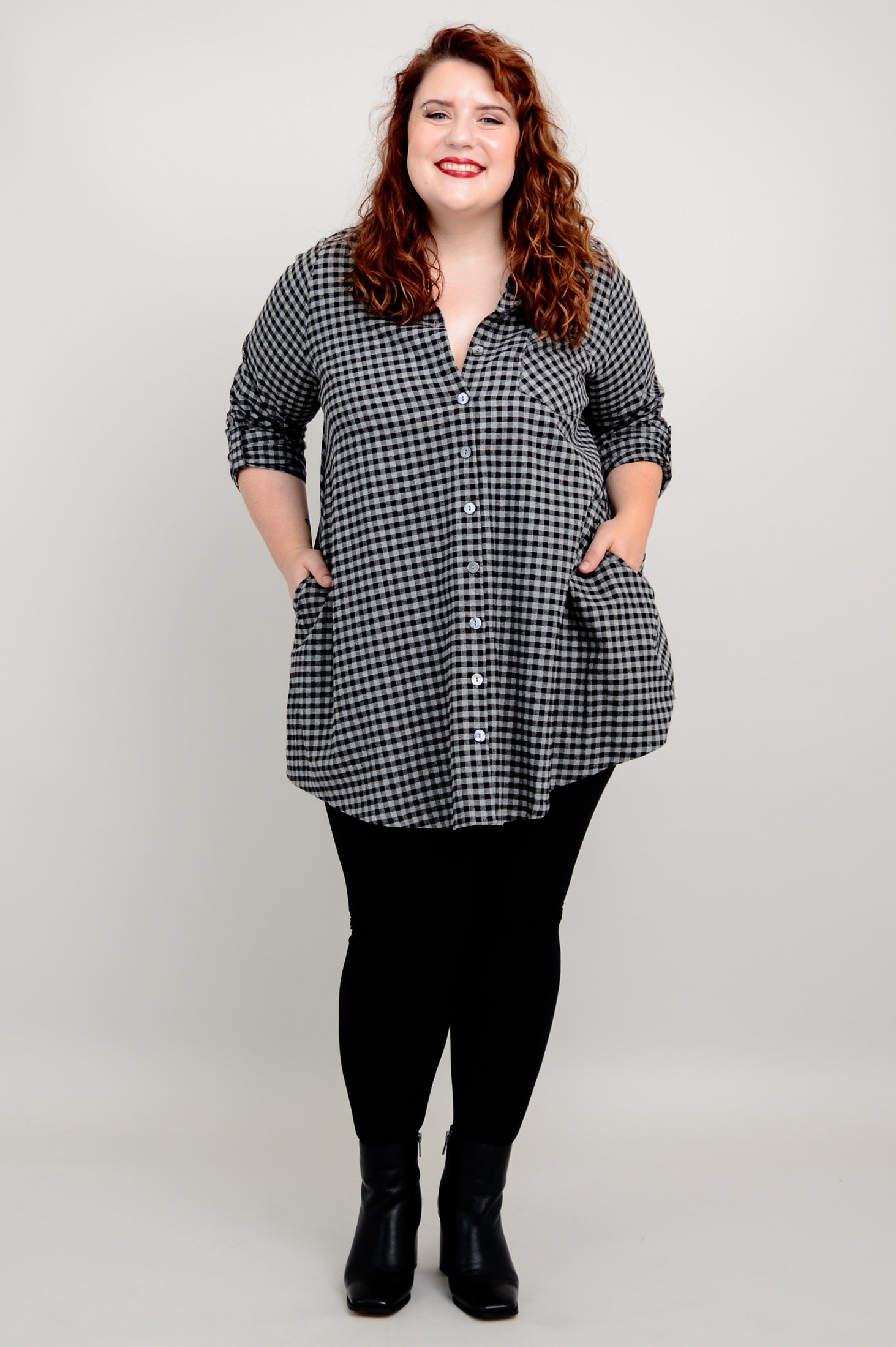 Celine Tunic Top - Charcoal Gingham Cotton Flannel Shirt for Women | Casual Wear, Office Outfit & Fall Layering Essential