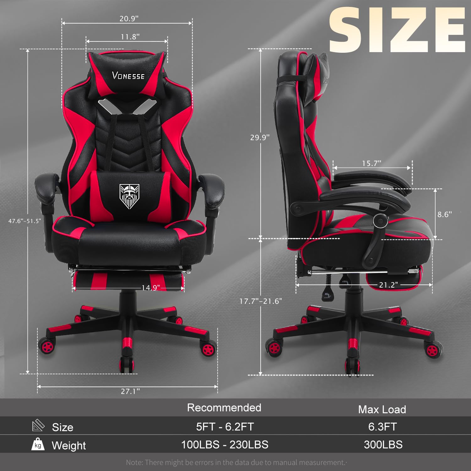 Vonesse Ergonomic Gaming Chair for Adults - High Back Computer Chair with Adjustable Lumbar Support, Footrest & Massage - Big and Tall Reclining Gamer Chair (Red/Black) - Perfect for PC Gaming, Office Work & Home Entertainment